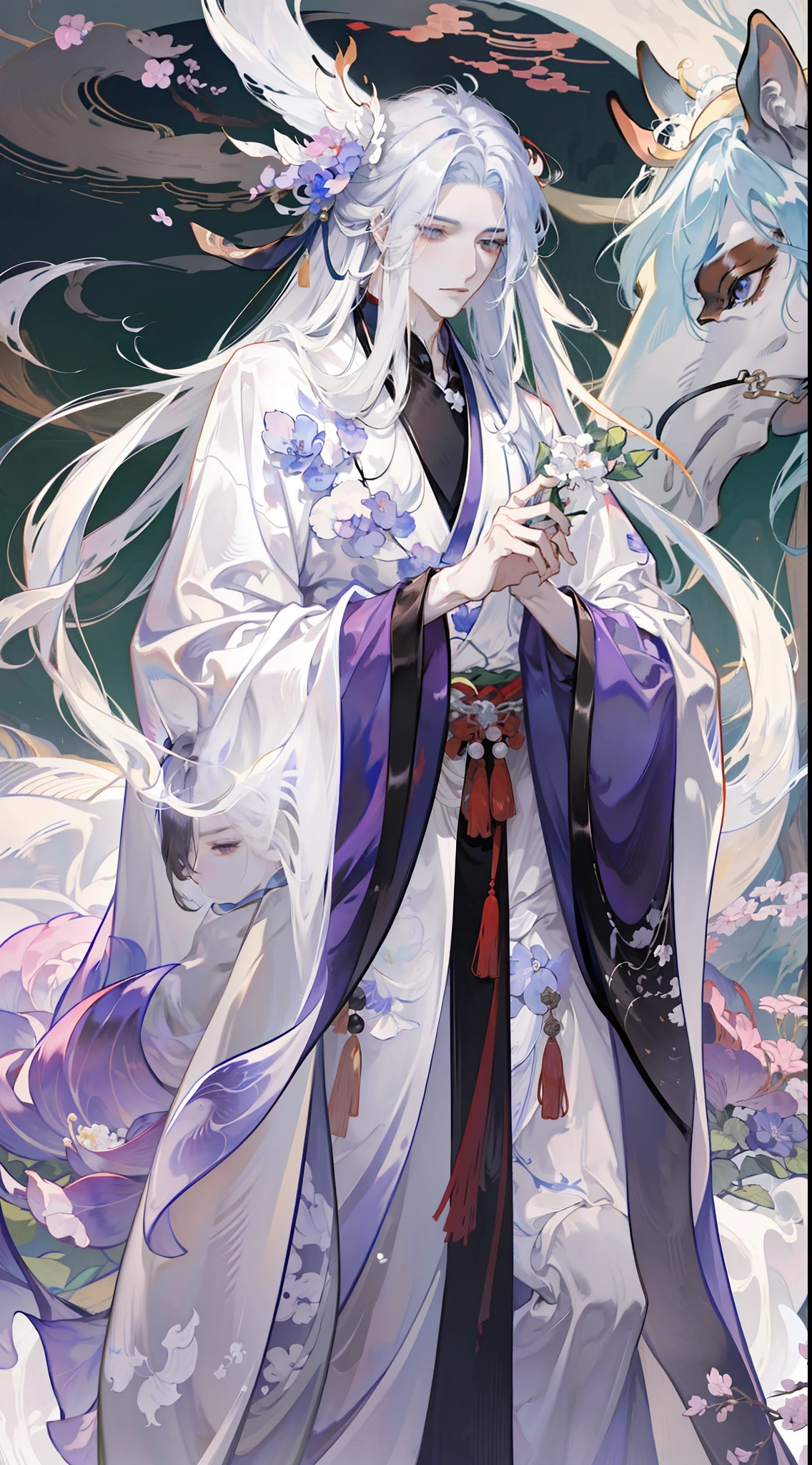 Anime characters with black hair and white horses, flowing hair and long robes, heise jinyao, beautiful male god of death, handsome guy in demon killer art, onmyoji portrait, Inspired by Seki Dosheng, by Yang J, zhao yun, Beautiful androgynous prince, Inspired by Bian Shoumin, Flowing white robe