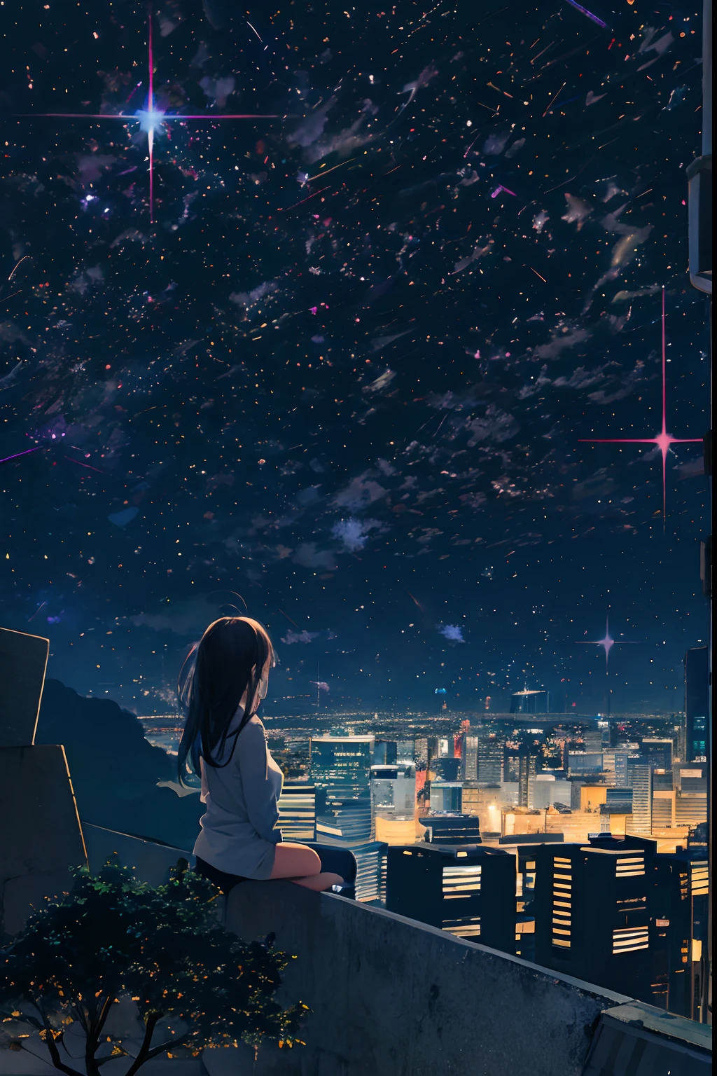 octans, sky, star (sky), scenery, starry sky, night, 1girl, night sky, solo, outdoors, building, cloud, milky way, sitting, tree, long hair, city, silhouette, cityscape