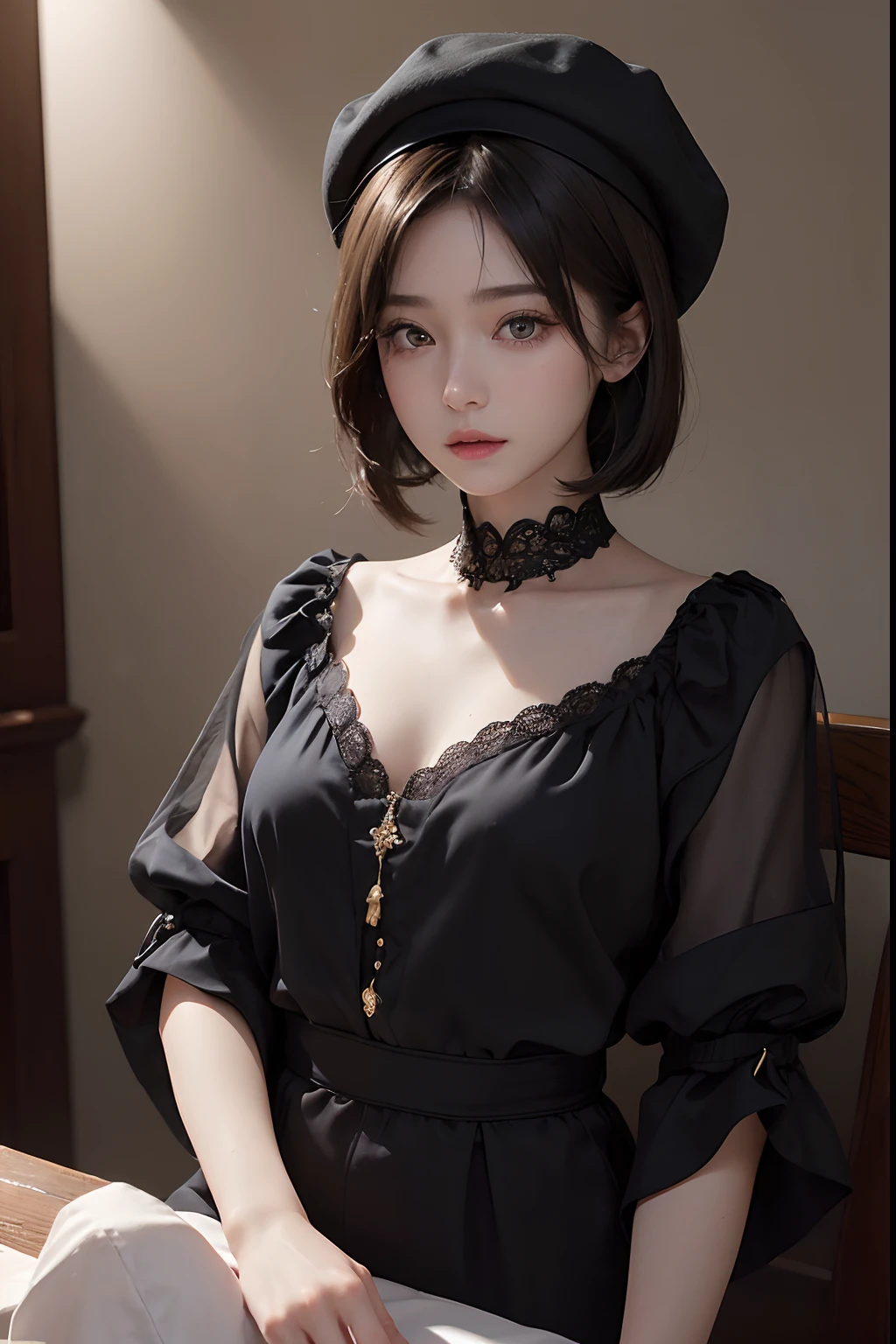 (masuter piece:1.3)、(8k、Photorealsitic、RAW Photography、top-quality: 1.4)、(1girl)、beautiful countenance、(lifelike face)、(A dark-haired、short-hair:1.3)、(Even though I'm naked)、Wearing a cute pom-pom hat with a pattern、realisticeyes、Beautiful details、(real looking skin)、Beautiful skins、absurderes、enticing、超A high resolution、A hyper-realistic、high-detail、the golden ratio