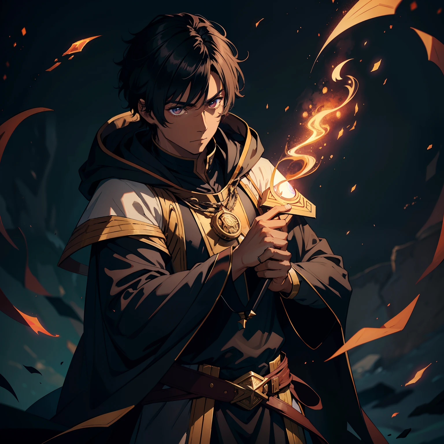 male mage, black skin tone, strong, dark spells, wearing mage cloak, short dark brown hair, hazel eyes, 4k