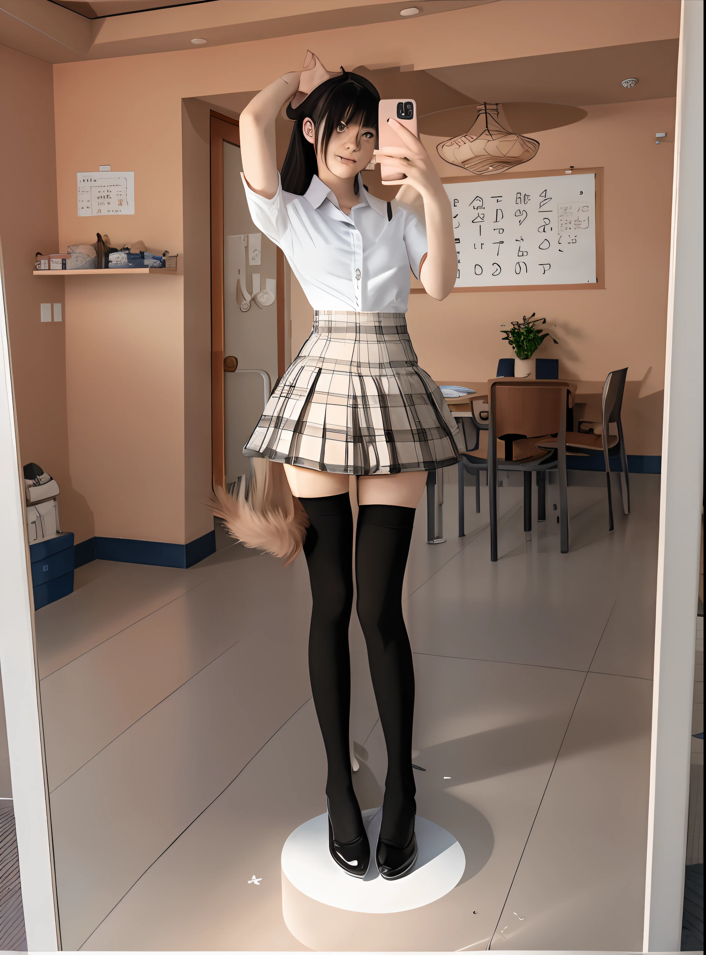 there is a woman that is taking a selfie in a mirror, thighhighs and skirt, wearing skirt and high socks, japanese girl school uniform, Magical school student uniform, cute female student, Surrealism female students, Surrealism female students, Japanese school uniform, dressed as schoolgirl, JK school uniform, Realistic schoolgirl, wearing a Japanese school uniform, in school uniform