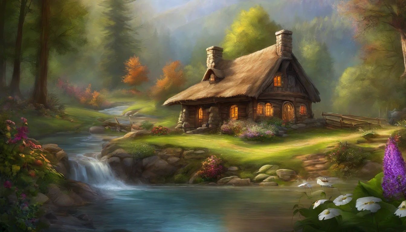 masterpiece, best quality, high quality,extremely detailed CG unity 8k wallpaper, An enchanting and dreamy scene of a fantasy forest, beautiful log cabin beside a stream, with towering trees, glowing flowers, and hidden fairy glens, creating a sense of mystique and enchantment, artstation, digital illustration, intricate, trending, pastel colors, oil painting, award winning photography, Bokeh, Depth of Field, HDR, bloom, Chromatic Aberration ,Photorealistic,extremely detailed, trending on artstation, trending on CGsociety, Intricate, High Detail, dramatic, art by midjourney