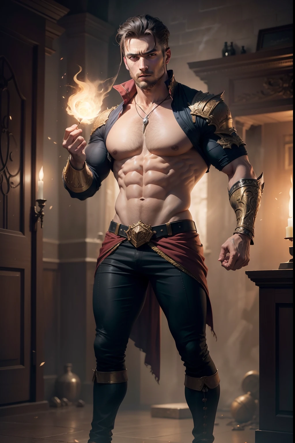 man casting a spell in hands,man conjuring a spell in his hands,lean muscles, in the style of realistic and hyper-detailed renderings,8k, detailed eyes, perfect eyes, epic, dramatic, fantastic, full body, intricate design and details, dramatic lighting, hyperrealism, photorealistic, cinematic, 8k, detailed face, dramatic shot, epic shot, full body