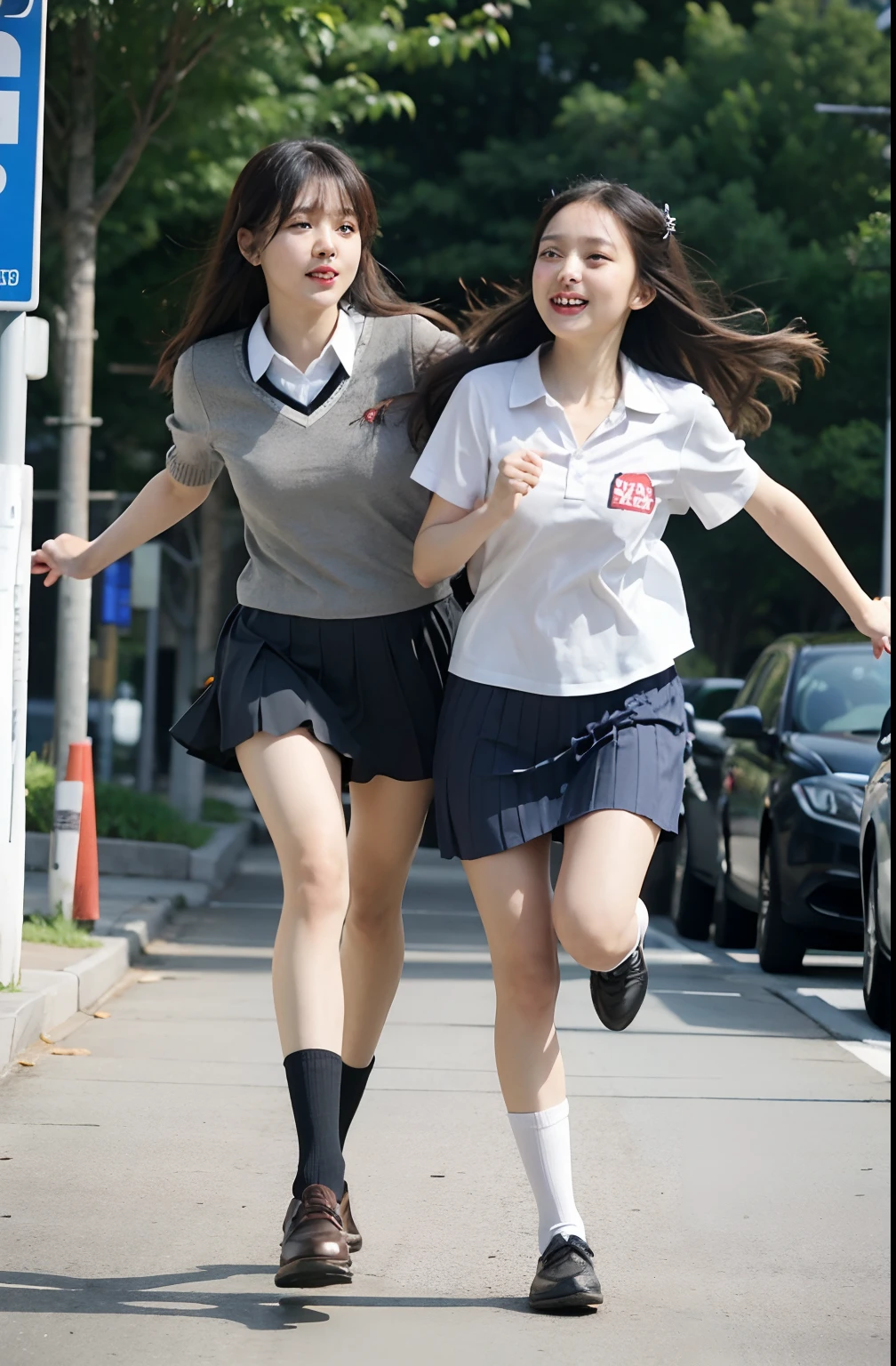2 girls, running at street, happy faces, Sidewalk, RAW photos, 8K, highest quality, ultra-high resolution, beautiful faces detailed, real human skin, gentle expressions, Front view, angle from below, long hair, realistic, photorealistic, cute, short skirt, cute school girl, Japanese schoolgirl uniform, wearing Japanese school uniform, surreal high school girl, whole body,