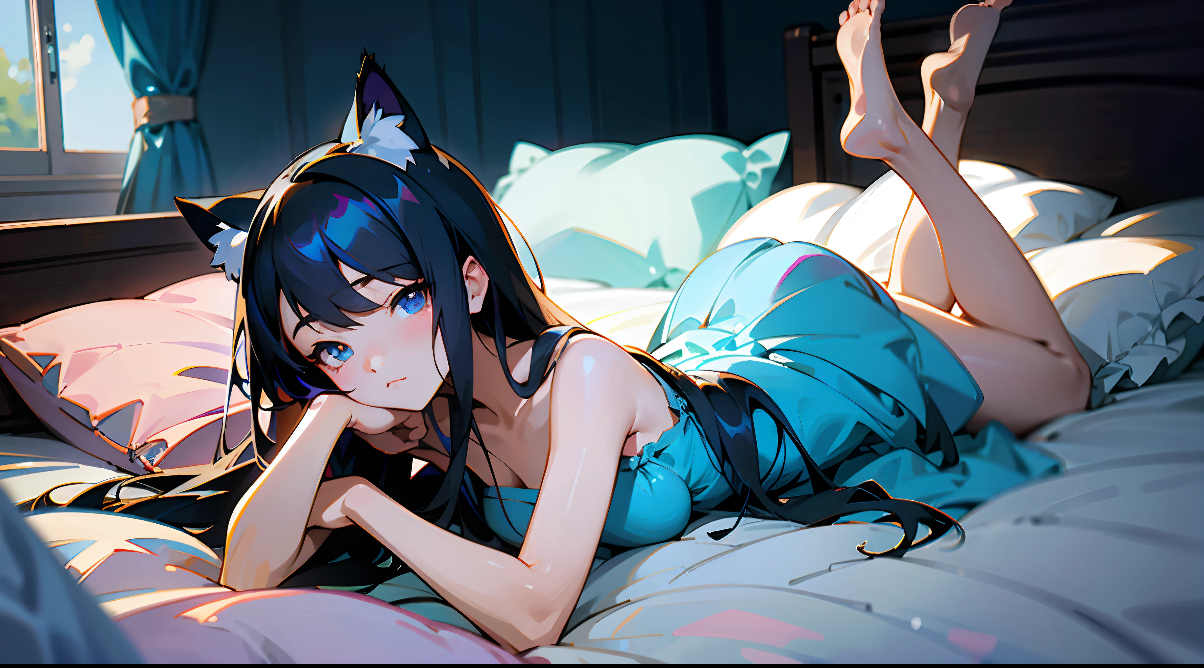 Anime girl lying on bed in blue dress,sheets, Anime moe art style, seductive anime girls, girl in a dress, ilya kuvshinov with long hair, cute anime waifu in a nice dress, (Anime girl), Beautiful anime girl, Anime girl with long hair, anime visual of a cute girl, ! Dream Artgerm, pretty anime girl,Bare legged,cat ear,Black color hair,Lie on your back on the bed,