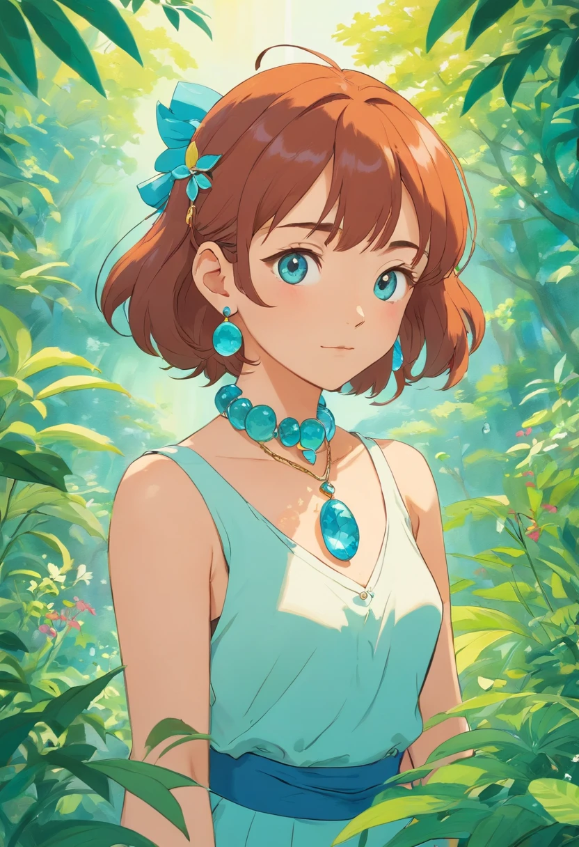 A girl wearing an anime collar, A long necklace and earrings, inthe style of tranquil gardenscapes, colorful animation stills, Masami Teraoka, aquamarine, Paul Gauguin, Amber style, Honest portrayal