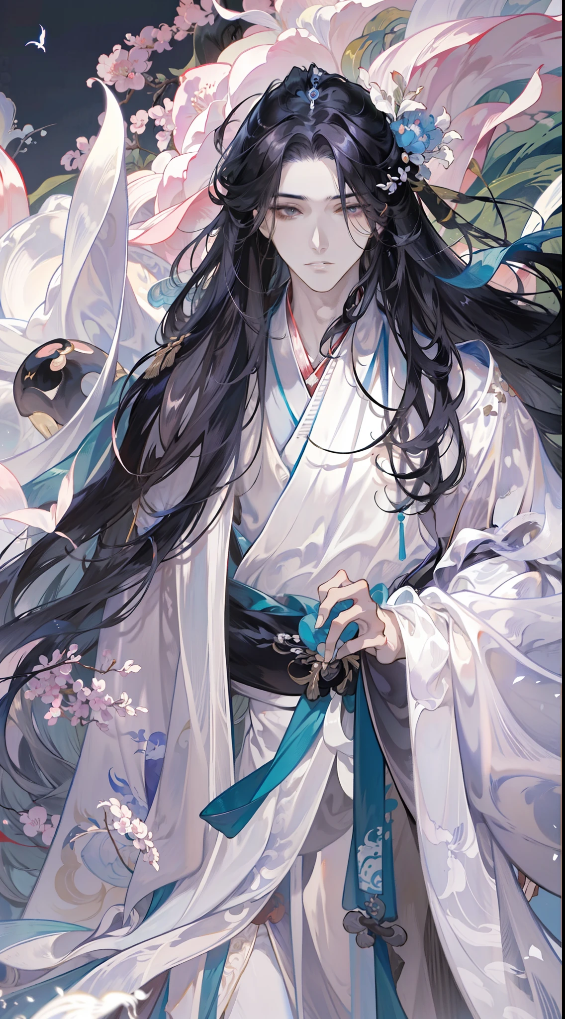 Anime characters with black hair and white horses, flowing hair and long robes, heise jinyao, beautiful male god of death, handsome guy in demon killer art, onmyoji portrait, Inspired by Seki Dosheng, by Yang J, zhao yun, Beautiful androgynous prince, Inspired by Bian Shoumin, Flowing white robe