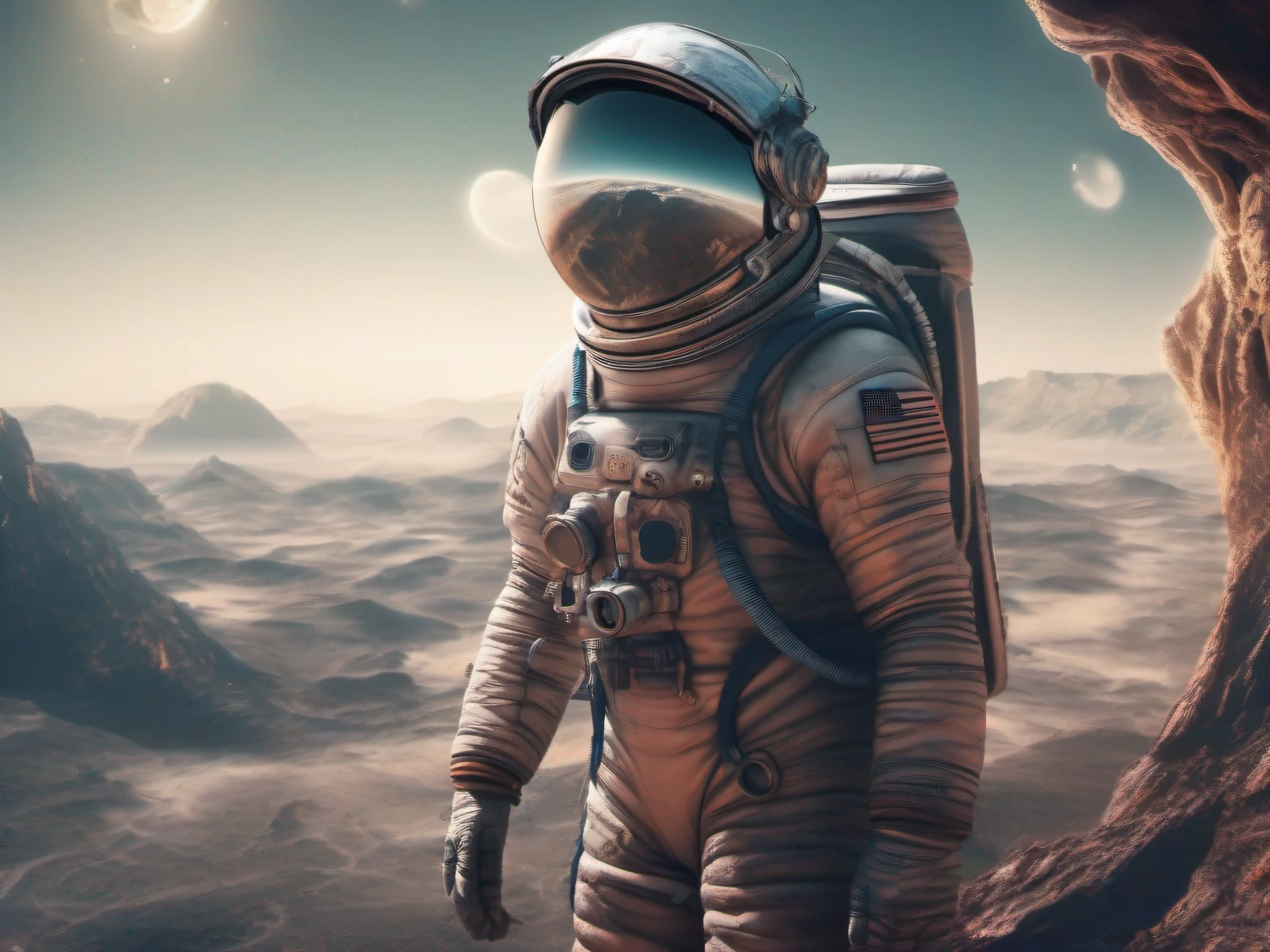 Astronaut, alien landscape - DOUBLE EXPOSURE. SURREAL cinematic 3D. High-resolution details, fine texture, Highly photorealistic, Ultra HD 12k, --v 5.2, -- s 50,