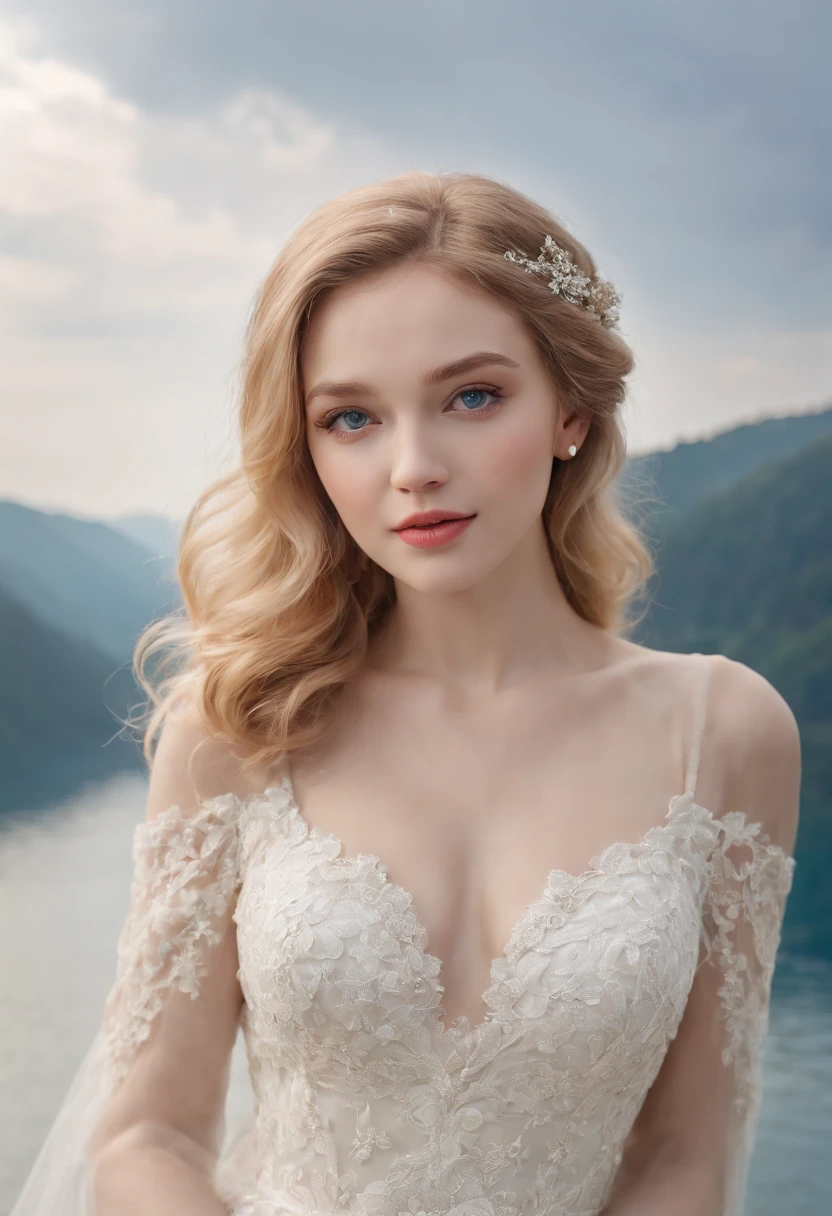 1 beautiful girl, (Realistic:1.3) (full bodyesbian:1.3), standing photo, Stand in front of the blue lake, White wedding dress, Soft dress, blond hairbl, Blue eyes, Wavy hair, Masterpiece, diffused soft lighting, Portrait, Best quality (Perfect face:1.4), Ultra-realistic highly detailed, complex and realistic simulation style photos, Cinematic lighting, studio shoot, Elegant Pose