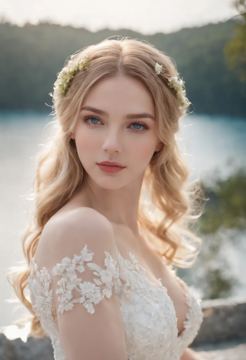 1 beautiful girl, (Realistic:1.3) (full bodyesbian:1.3), standing photo, Stand in front of the blue lake, White wedding dress, Soft dress, blond hairbl, Blue eyes, Wavy hair, Masterpiece, diffused soft lighting, Portrait, Best quality (Perfect face:1.4), Ultra-realistic highly detailed, complex and realistic simulation style photos, Cinematic lighting, studio shoot, Elegant Pose