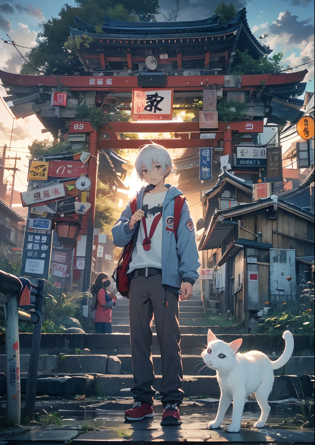 1boy,Man's ,Cyberpunk Boy、silber hair、Cat's ears、poneyTail、The beginning of the adventure、Dragon in the sky、Magic Hour with Clouds,Beautiful fireworks、ruined and devastated city、Complex Japan buildings、school buildings、temple、shrines、railroad crossing、Bus stop、Trees、Warm lighting、puddles、Good old Japan landscape、Beautiful and fantastic summer landscape、Cinematic scenery、hightquality、masutepiece,8K、hight resolution、ultra-detailliert,