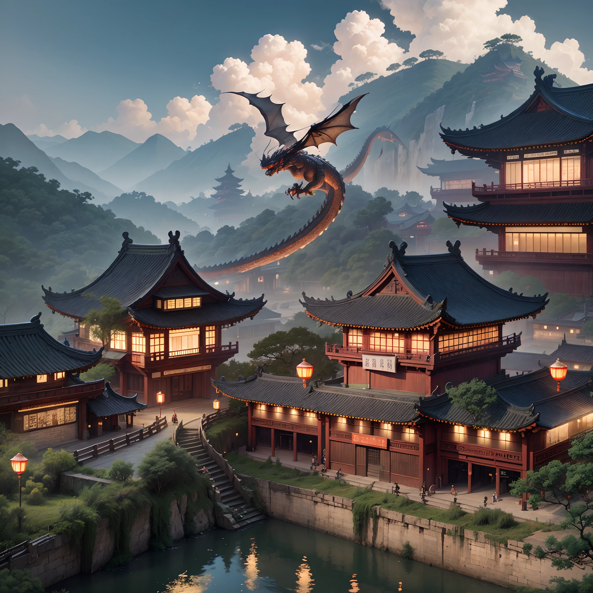 ancient china city, landscape, flying dragon --auto --s2