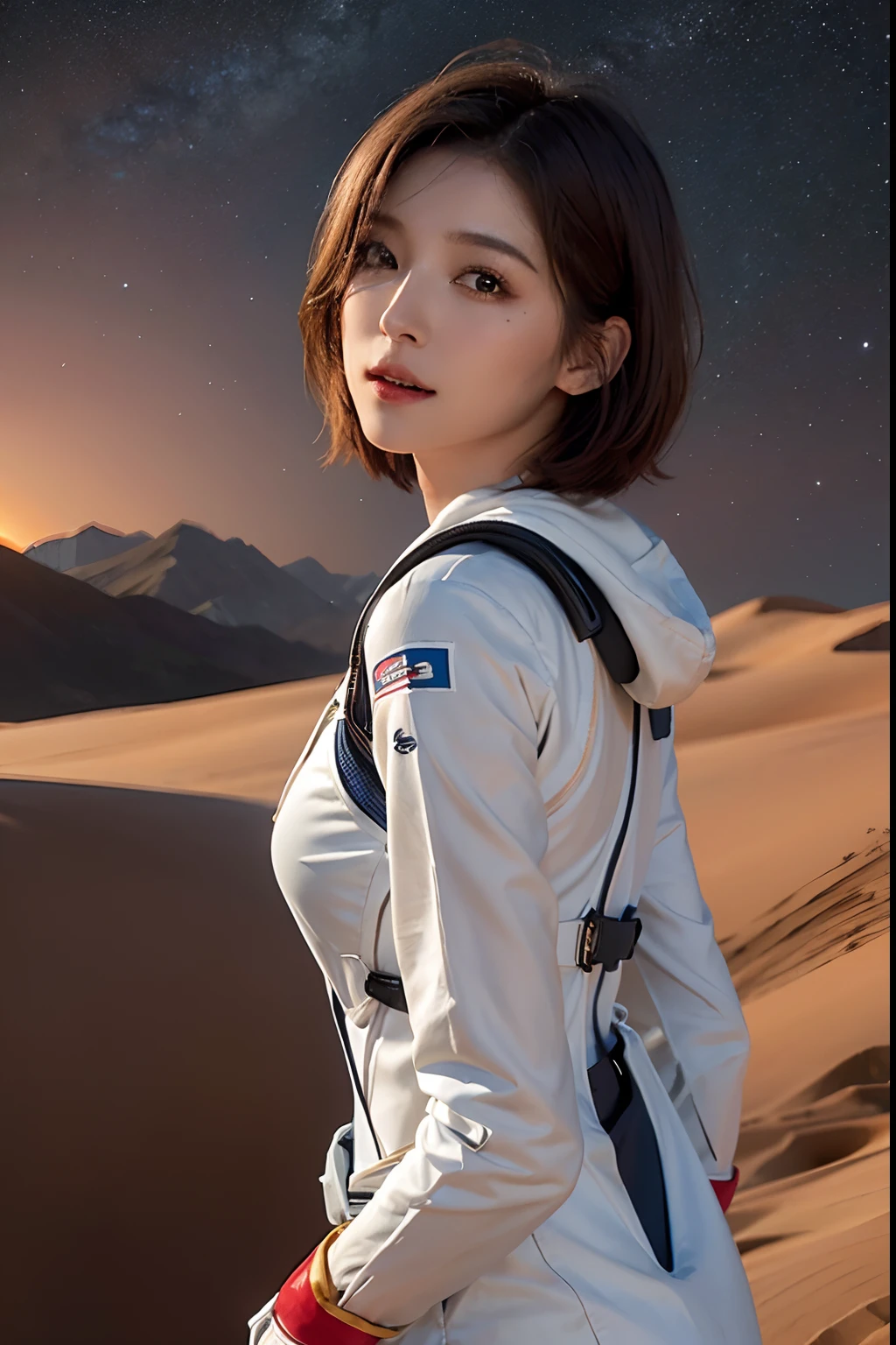 top-quality、​masterpiece、超A high resolution、(realisitic:1.4)、Beautuful Women１、Beautiful detail eyes and skin、ssmile、Light brown short-cut hair、The perfect spacesuit、spaceships、Mysterious Planet、Red sky、sandstorm、