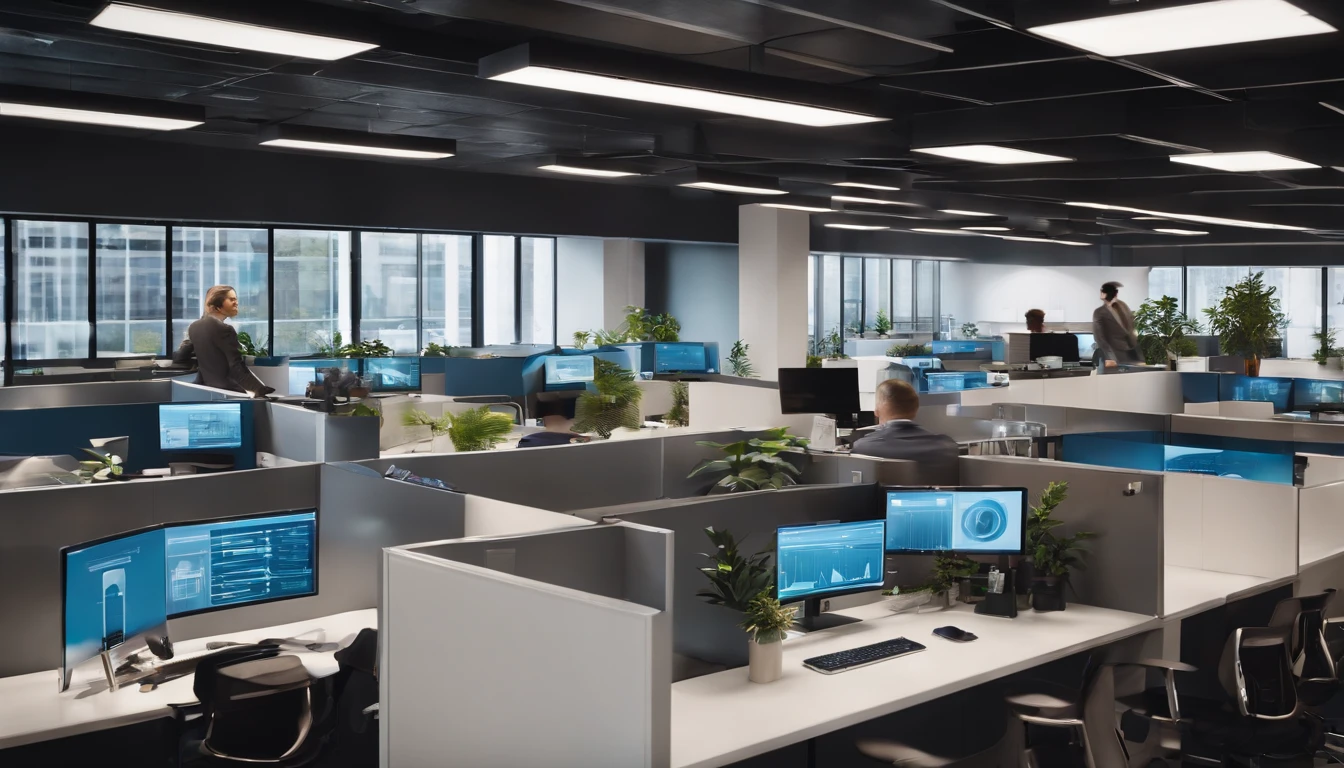 A small business automation demonstration featuring a diverse group of individuals in a modern office setting, showcasing advanced technology and efficiency. The scene depicts a bustling workspace with employees engaged in various tasks, promoting a sense of productivity and innovation. The office is equipped with state-of-the-art equipment and software, including AI-powered robots, automated systems, and smart devices. The tag components for the prompt are as follows: - People: diverse group of professionals, including men and women of different ages and backgrounds, dressed in modern office attire. Some are working at their desks, while others are collaborating in meeting rooms or engaging in discussions in common areas. - Technology: cutting-edge automation tools, such as robotic arms, automated workflow systems, smart devices, and integrated software solutions. These elements demonstrate the seamless coordination and efficiency achieved through automation. - Office: modern and sleek office space with open-concept workstations, comfortable ergonomic furniture, vibrant natural lighting, and strategically placed plants for a touch of greenery. The workspace is organized and clutter-free, creating an atmosphere of focus and clarity. - Efficiency: a seamless workflow where tasks are effortlessly completed through automation, minimizing errors and reducing workload. The prompt highlights the ability of automation to streamline processes, enhance productivity, and optimize resource allocation. - Innovation: forward-thinking, futuristic elements that showcase the latest technological advancements, creating an atmosphere of innovation and progress. The use of AI, machine learning, and data analytics is evident in the prompt, accentuating the cutting-edge nature of the small business automation demonstration. - Colors: a vibrant and stimulating color palette, including shades of blue, green, and white, representing a harmonious blend of productivity, innovation