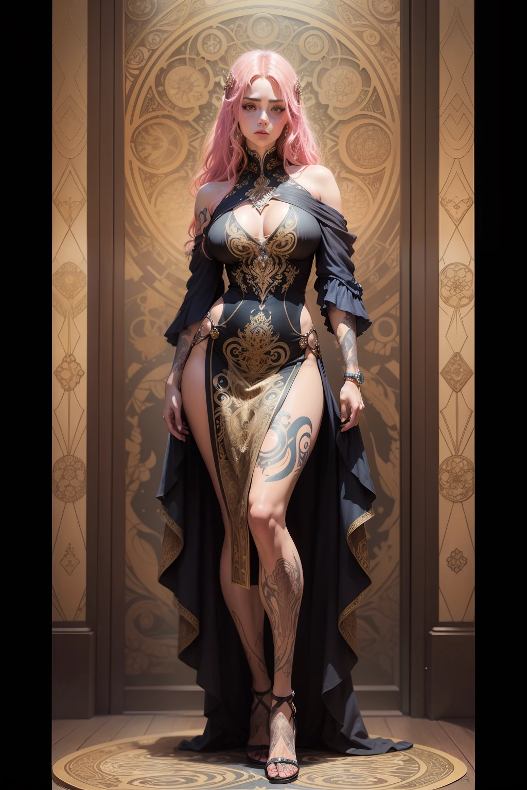 tattooed Teddi Mansueto, full body length standing of a photorealistic beautiful woman, proportionate, intense coloration fantasy, light hair, a stunning realistic photograph 20 years , bubblegum pink colored hair, upper class fashion, random color eyes, full body, cover, dress design has fractal and tiling features, hyperdetailed painting, luminism, octane render, Bar lighting,  complex, {{Martin Ansin}}, 8k resolution concept art portrait by Martina Fačková and Prywinko Art, Artgerm, WLOP, Alphonse Mucha, little fusion pojatti realistic steampunk, fractal isometrics details bioluminescence :  hypereallistic cover photo awesome full color, hand drawn, dark, gritty, realistic mucha, klimt, davinci, erte .12k, intricate. hit definition , cinematic,Rough sketch, mix of bold dark lines and loose lines, bold lines, on paper , real life human, bold colors on dresses,  {{{{Full body}}}}.