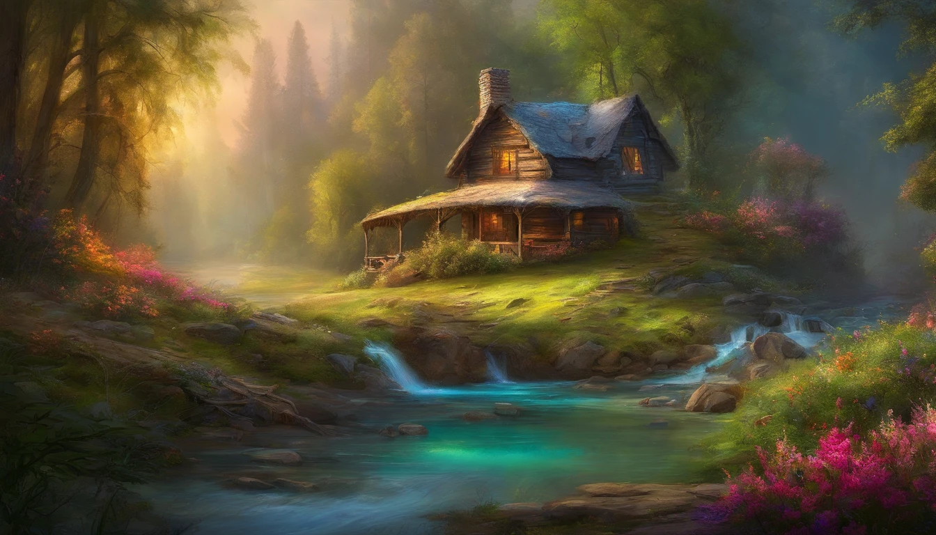 masterpiece, best quality, high quality,extremely detailed CG unity 8k wallpaper, An enchanting and dreamy scene of a fantasy forest, beautiful log cabin beside a stream, with towering trees, glowing flowers, and hidden fairy glens, creating a sense of mystique and enchantment, artstation, digital illustration, intricate, trending, pastel colors, oil painting, award winning photography, Bokeh, Depth of Field, HDR, bloom, Chromatic Aberration ,Photorealistic,extremely detailed, trending on artstation, trending on CGsociety, Intricate, High Detail, dramatic, art by midjourney