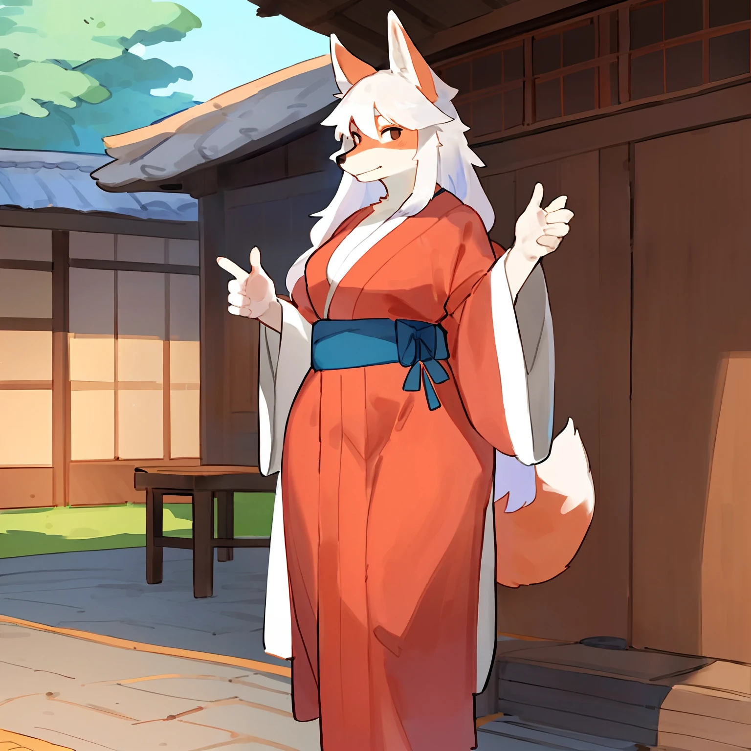 by bebebebebe, by goonie-san, by bigcozyorca, by buta99, solo, female, fox, vulpine, (snout, hair), long hair, ponytail, Kanzashi, white fur, tail, standing, kimono, full kimono, lithe body, wide hips, slim body, Japanese village.