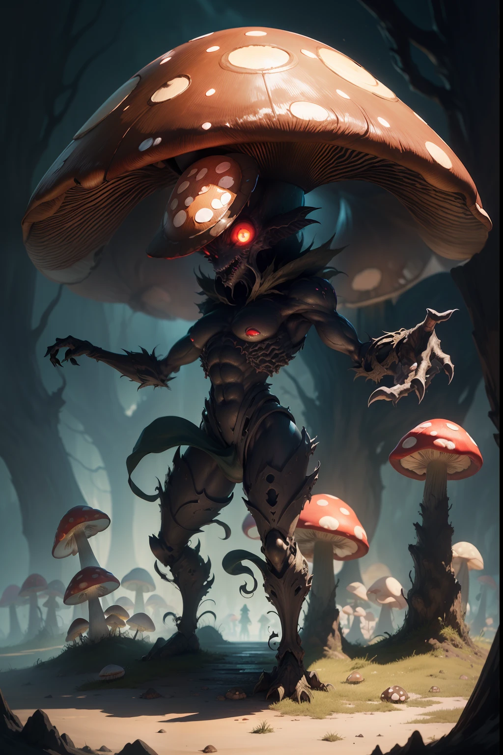 RPG style,((Humanoid Mushroom Monster)), evil eyes, mouth with pointy teeth, centered, perfect anatomy, arms ,legs, approaching perfection, dynamic, highly detailed, watercolor painting, station of arts, concept art, sharp soft focus, background sheet of paper with demarcations, information and image data