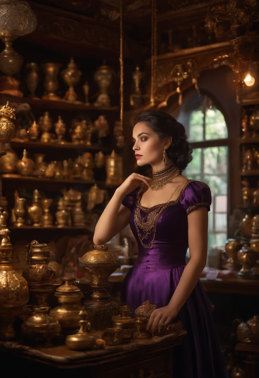 An antique store with miscellaneous items on display and a shady female shopkeeper sitting behind the counter smoking a pipe of kiseru. She has a beautiful face and brightly colored shining eyes. She wears intricate and delicate ornaments and a gothic dress. The dimly lit store is lined with dubious antiques and purple smoke. Detailed drawings. Vivid colors. High image quality. --s 1000 --ar 4:5 --niji 5