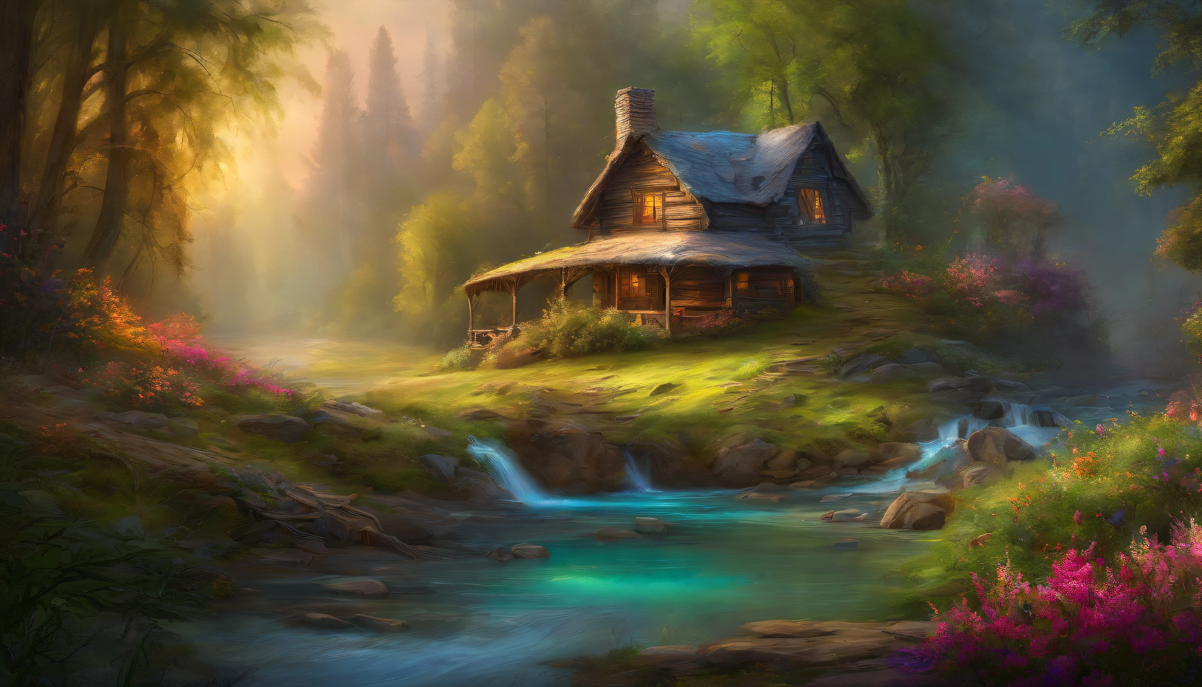 masterpiece, best quality, high quality,extremely detailed CG unity 8k wallpaper, An enchanting and dreamy scene of a fantasy forest, beautiful log cabin beside a stream, with towering trees, glowing flowers, and hidden fairy glens, creating a sense of mystique and enchantment, artstation, digital illustration, intricate, trending, pastel colors, oil painting, award winning photography, Bokeh, Depth of Field, HDR, bloom, Chromatic Aberration ,Photorealistic,extremely detailed, trending on artstation, trending on CGsociety, Intricate, High Detail, dramatic, art by midjourney