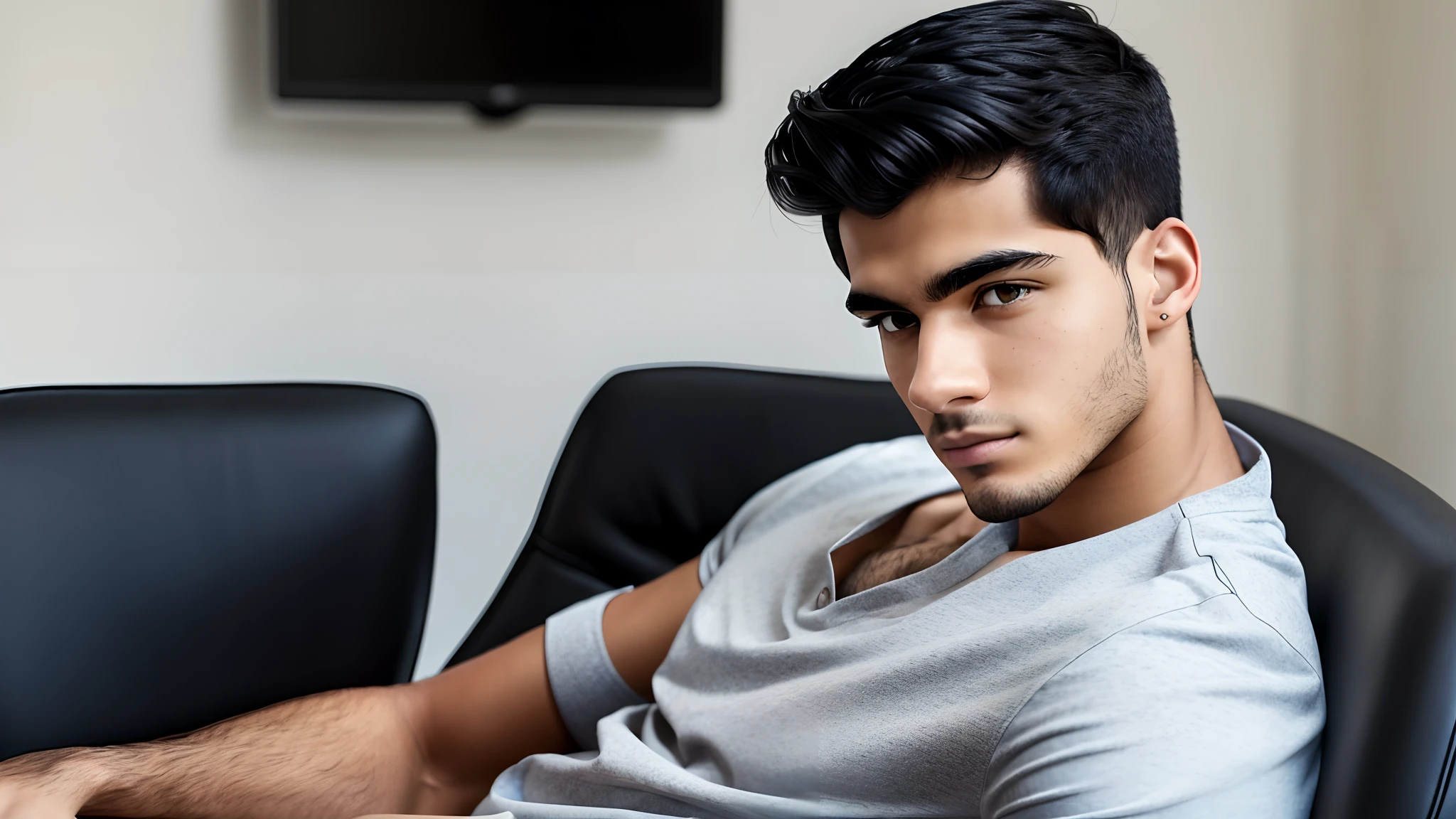 a close up of a person sitting in a chair with a hand on his chin, Black hair, athletic body, black eyes, white skin, 18 years old, detailed, male, Facial features