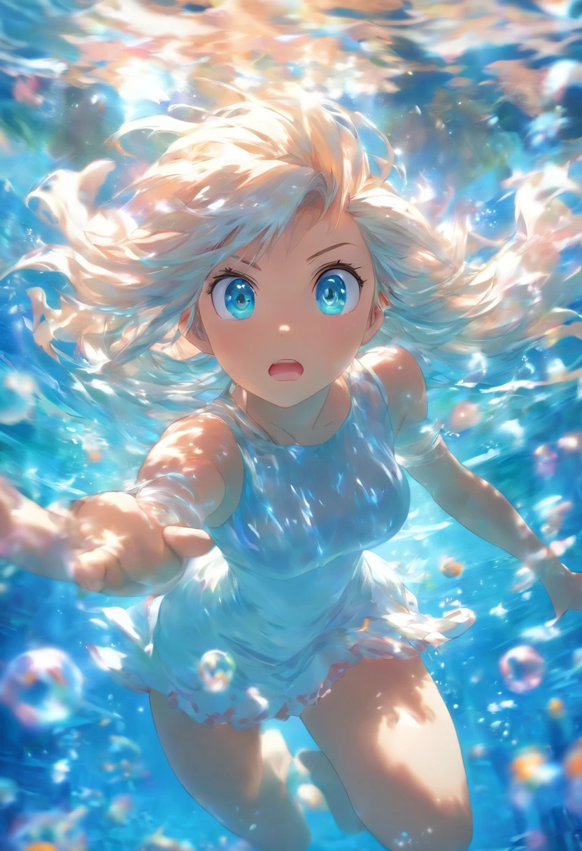 foreshortening, depth of field, masterpiece, best quality, 1girl, white hair, blue eyes, long hair, underwater, air bubble, solo, looking at viewer, white dress, swimming, dappled sunlight,