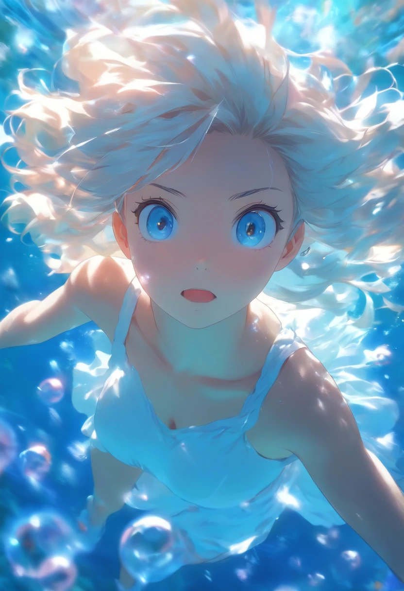 foreshortening,  depth of fields, masutepiece, Best Quality, 1girl in, White hair, Blue eyes, Long hair, under the water, Air bubble, Solo, Looking at Viewer, White Dress, Swimming, Dappled sunlight,