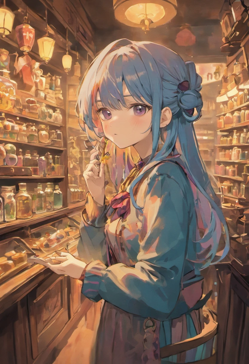 An antique shop where miscellaneous goods are displayed and、Suspicious female shopkeeper sitting behind counter smoking kissel pipe. She has a beautiful face and brightly colored shining eyes. She wears a gothic dress with intricate and delicate ornaments. The dimly lit interior is lined with suspicious antiques and purple smoke. Detailed drawings. Vivid colors. High image quality. --S 1000 --AR 4:5 - Rainbow 5