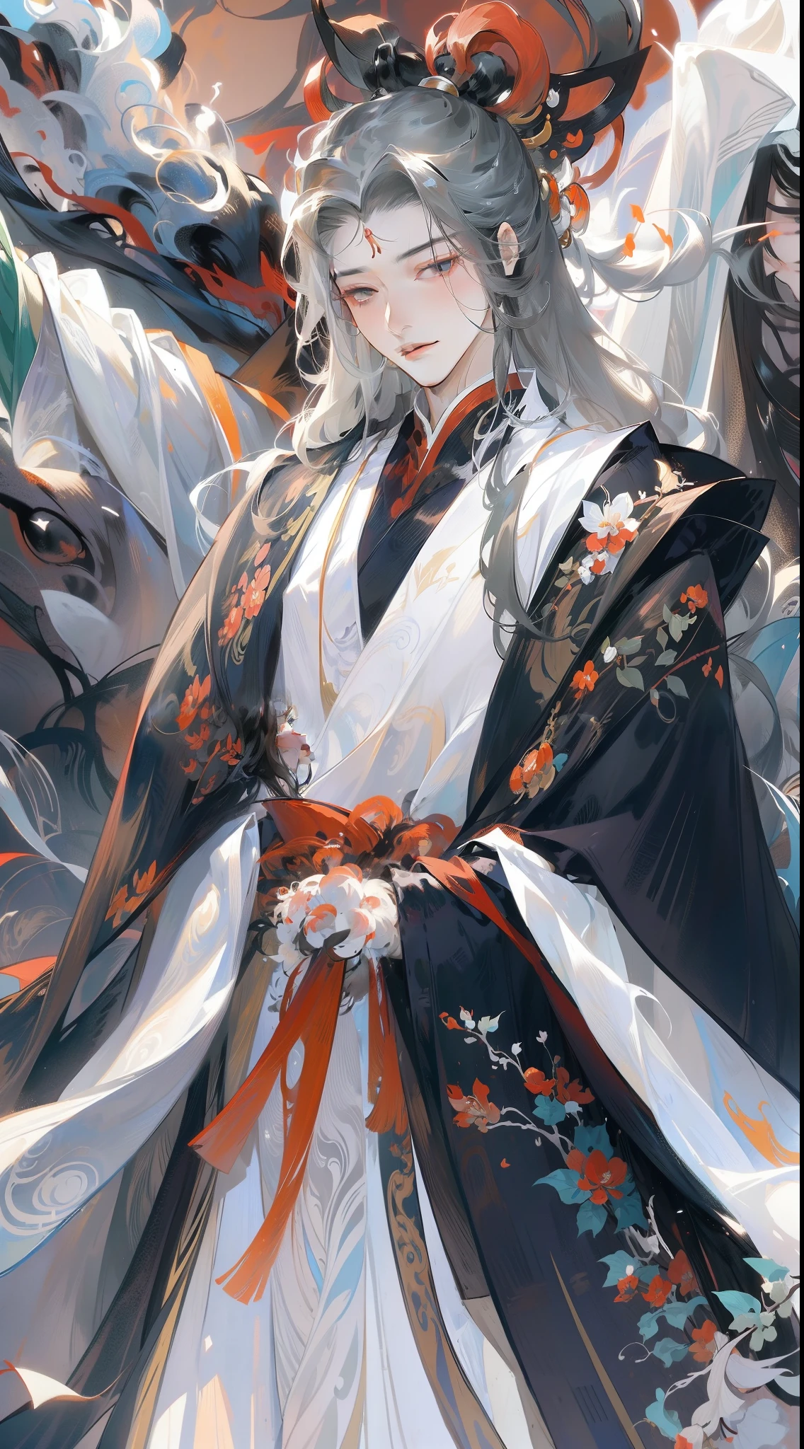 Anime characters with black hair and white horses, flowing hair and long robes, heise jinyao, beautiful male god of death, handsome guy in demon killer art, onmyoji portrait, Inspired by Seki Dosheng, by Yang J, zhao yun, Beautiful androgynous prince, Inspired by Bian Shoumin, Flowing white robe