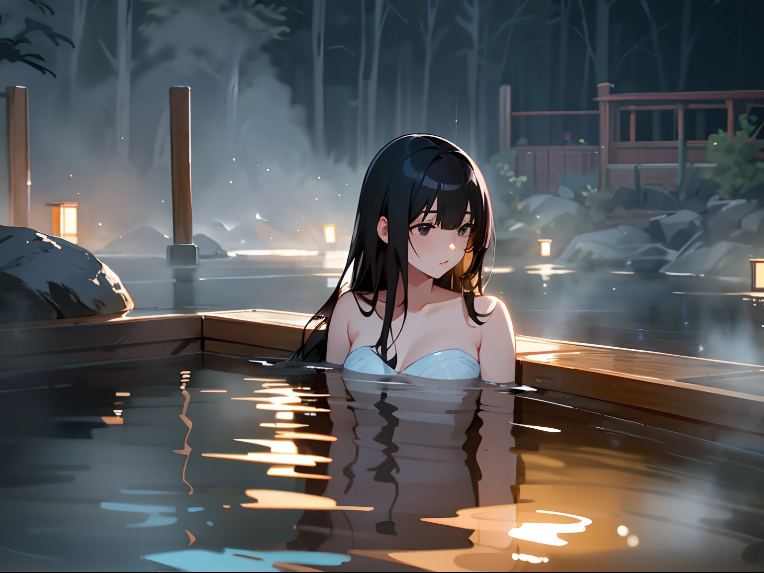 Swim topless、beautiful girl、Big Breasts、Long Hair、Japanese、Nighttime pool in the background