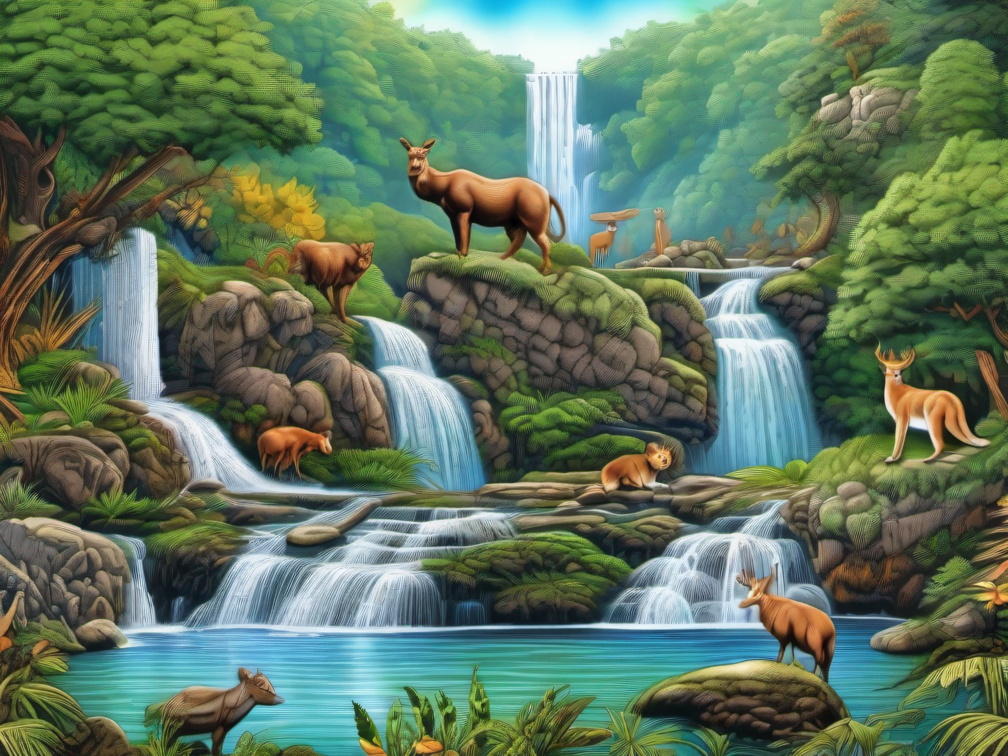 Beautiful water fall, WILD ANIMALS by the side, in the style of FLAT SCALE DOODLES DRAWN ON PAPER WITH BLACK MAGIC MARKER. High-resolution details, fine texture, Highly photorealistic, Ultra HD 12k, --v 5.2, -- s 50,