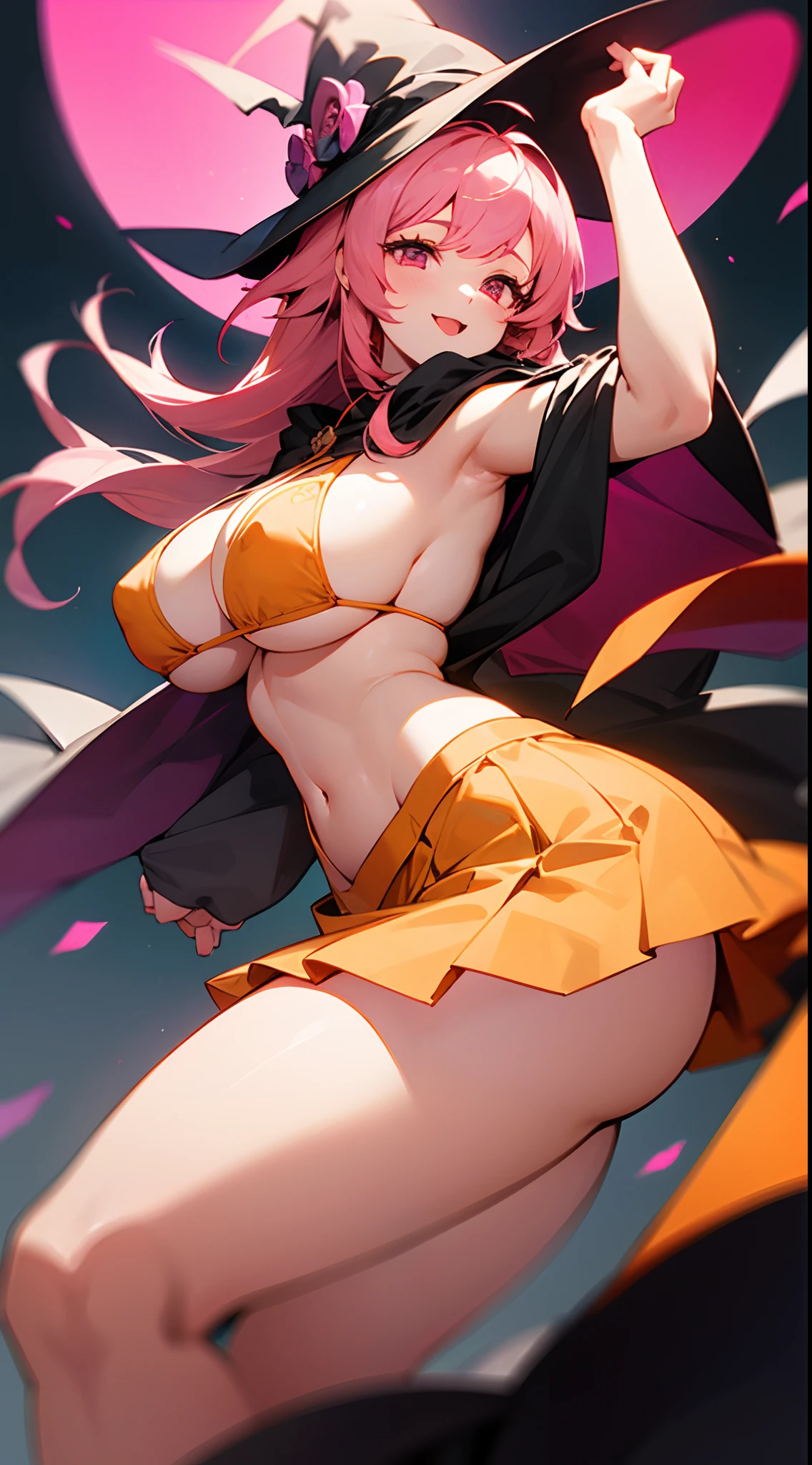 1 girl, game CG, sideboob orange bikini, short skirt with pattern, black witch hat, cloak, gigantic breasts, pink hair, long hair, straight hair, princess hairstyle, ahoge, pink eyes, happy, one arm raised ,