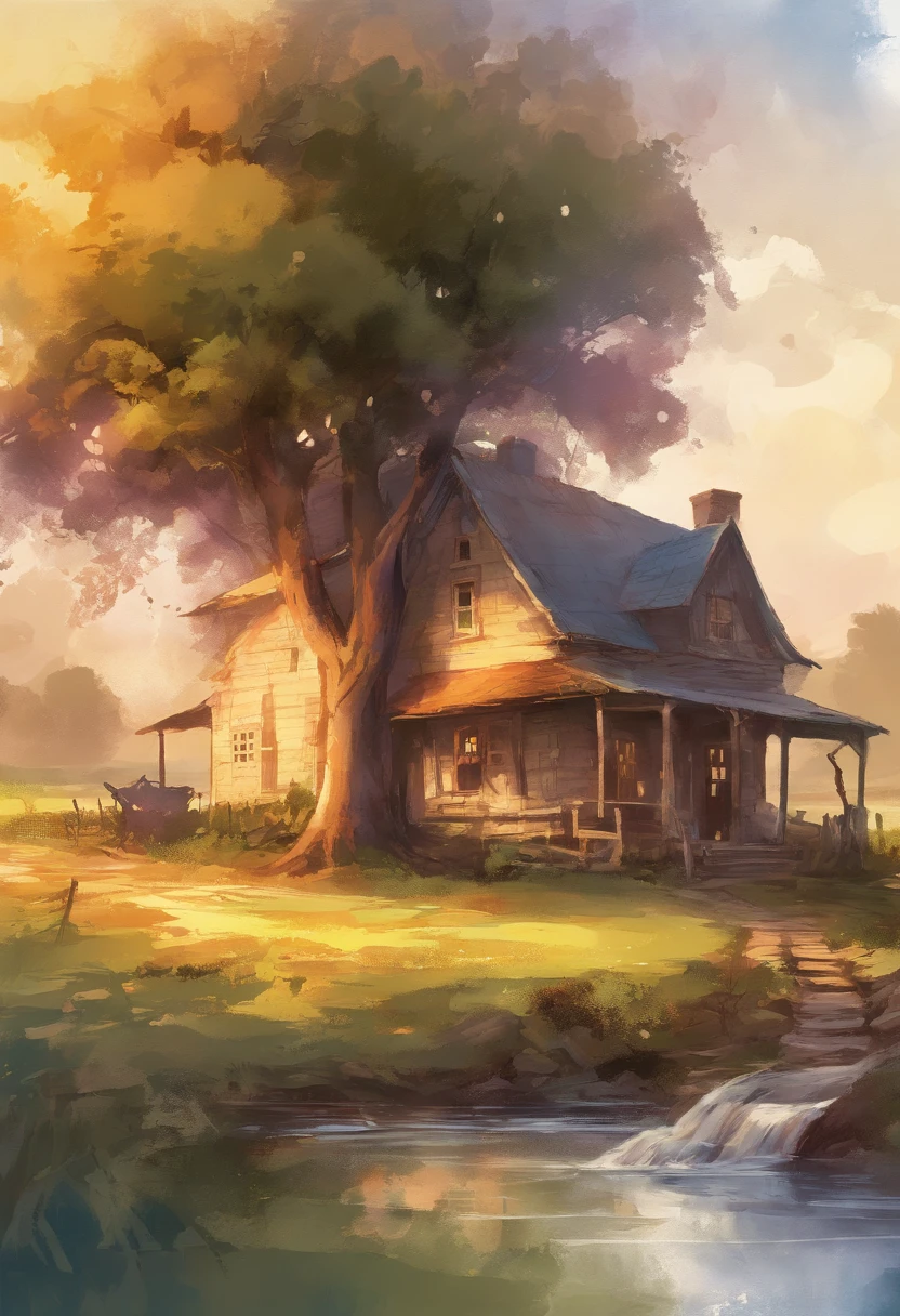 A farm house under the big tree beside the stream, Sunrise, dramatic soft light, watercolor painting, classic style, rich colors, brushstrokes, harmony color textures, expressive portraits, dynamic composition, capturing light and shadow, artistry, timeless beauty.