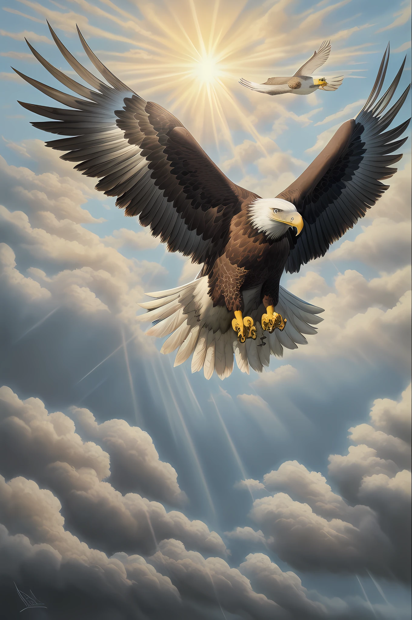 a picture of a bold eagle,  flying in formation in the sky, cloudy skies background, an epic American bold eagle (best details, Masterpiece, best quality :1.5) birds view, sun rays, divine rays, sense of awe, majestic atmosphere, ultra best realistic, best details, best quality, 16k, [ultra detailed], masterpiece, best quality, (extremely detailed), ultra wide shot, photorealism, depth of field, hyper realistic painting,
Waiting to start