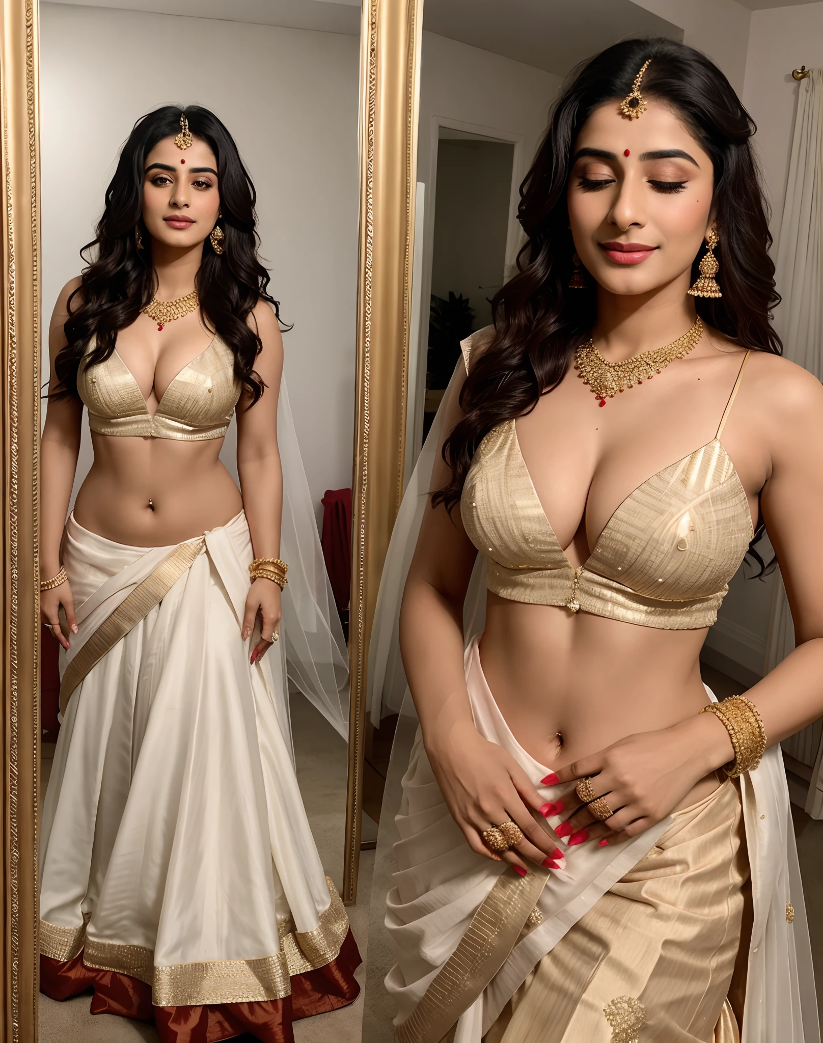 Milky white fair beautiful Indian girl looking like bollywood actress "Radhika Madan" dressed as a bride in red lehenga choli, a red dupatta on head and reaching till knees, standing in front of a mirror, full body photo, full temple bridal jewellery,gold tika on head, hindu bridal nose ring in nose with a gold chain reaching till right ear lobe [ called "nath" in hindi], bridal make up, shy, smiling like a shy bride, eyes closed, eye liner dense eyelashes eyes, face turn on one side, standing in front of mirror, reflection in mirror, beautiful red traditional lehenga and deep v-neck cut choli, c-cup cleavage visible, less lit room, front lighting,ample light on bride's face and body, light focus on bride, bilding dupatta with one hand, second hand on thigh, slim waist, wide ass, slim beautiful hands, bridal glow on face, delicate gentle beauty, hyperdetailed face, hyperdetailed eyes, hyperrealistic 8K,