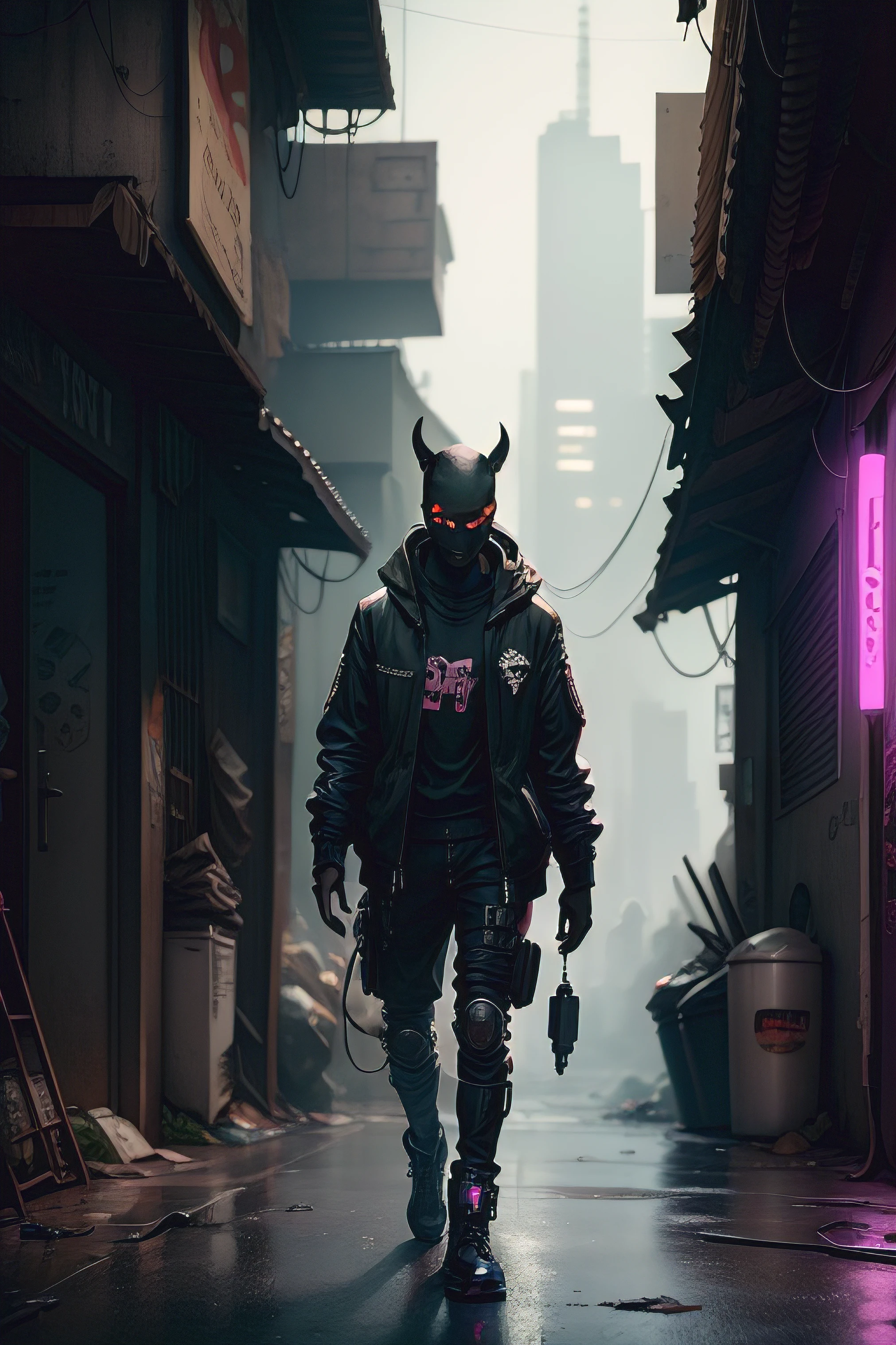 A black alien animal in a cyberpunk slum