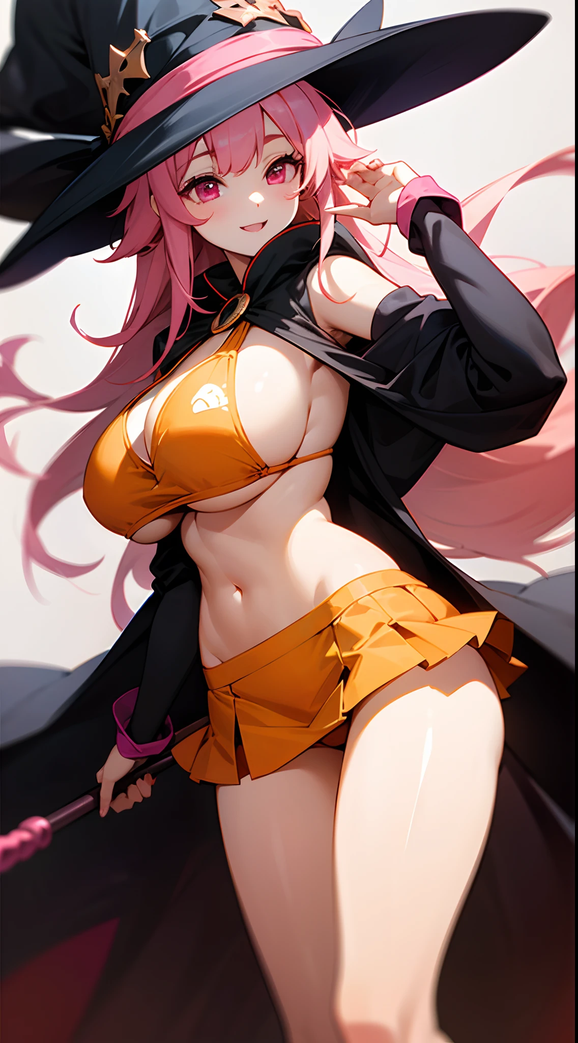 1 girl, game CG, sideboob orange bikini, short skirt with pattern, black witch hat, cloak, gigantic breasts, pink hair, long hair, straight hair, princess hairstyle, ahoge, pink eyes, happy, one arm raised ,