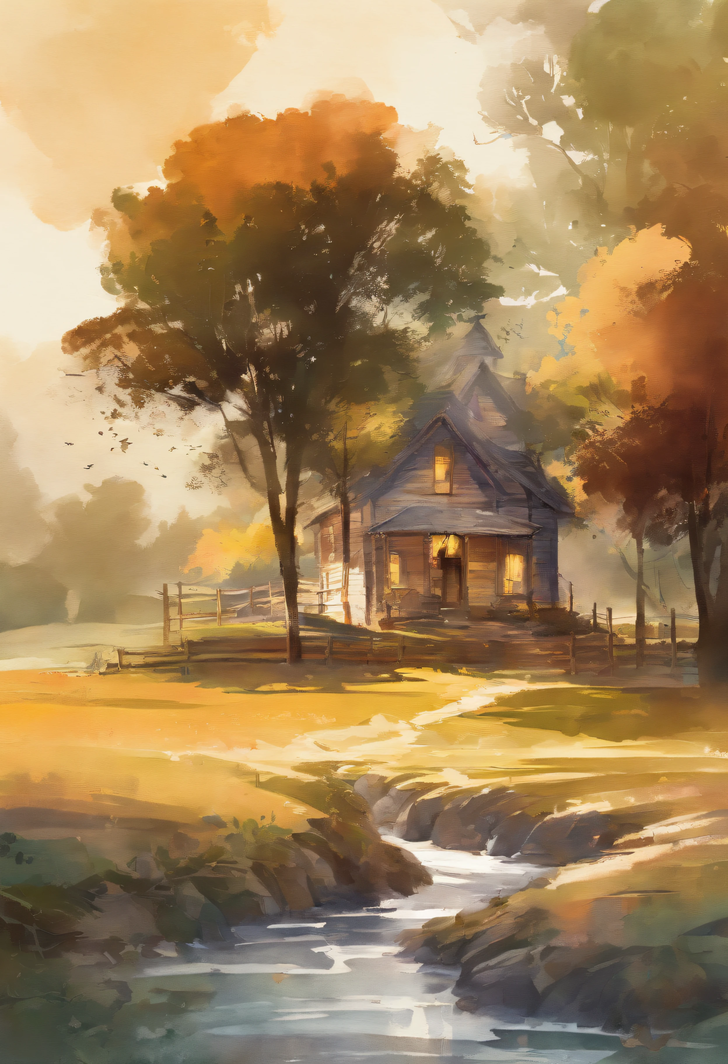 A farm house under the big tree beside the stream, Sunrise, dramatic soft light, watercolor painting, classic style, rich colors, brushstrokes, harmony color textures, expressive portraits, dynamic composition, capturing light and shadow, artistry, timeless beauty.