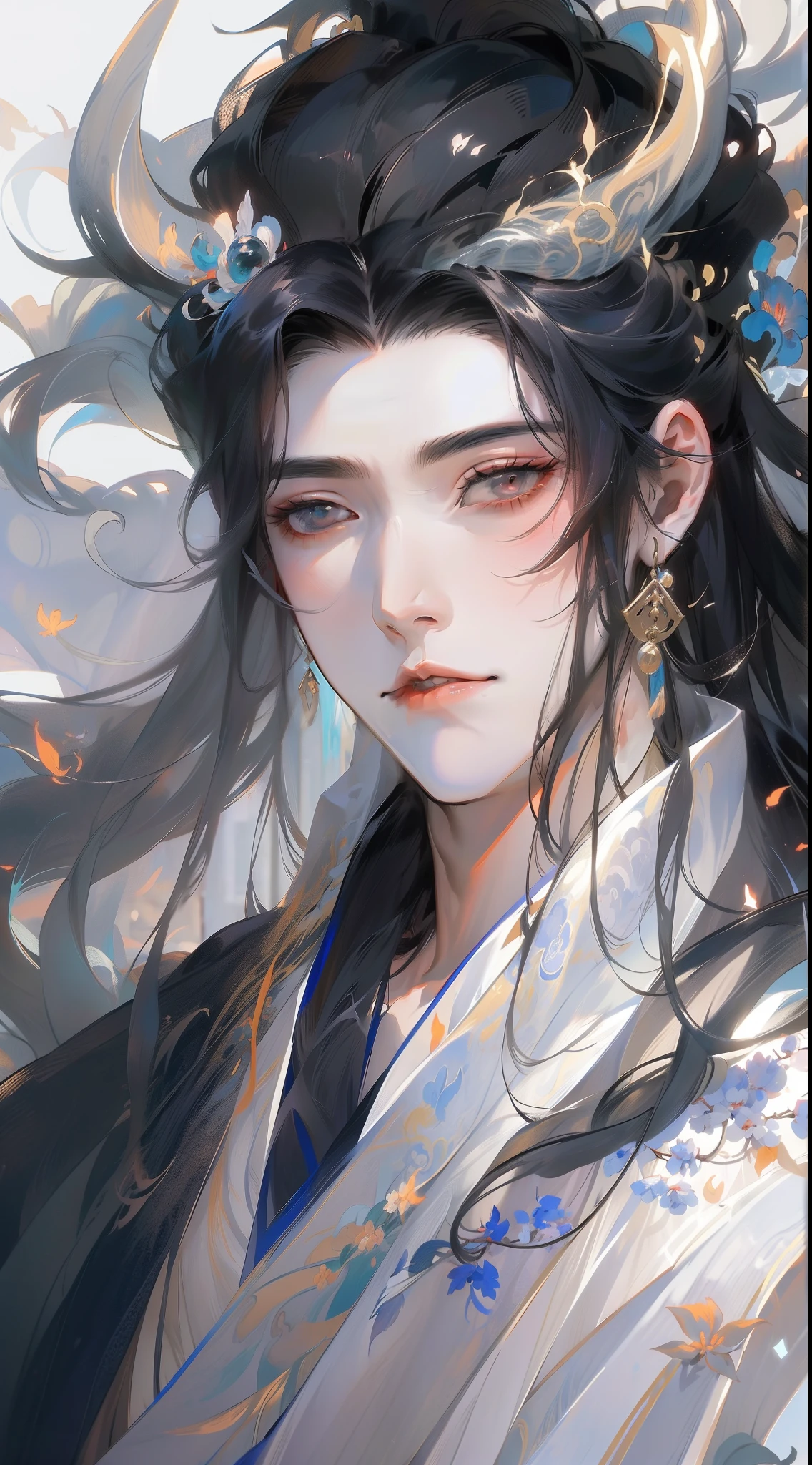 Anime characters with black hair and white horses, flowing hair and long robes, heise jinyao, beautiful male god of death, handsome guy in demon killer art, onmyoji portrait, Inspired by Seki Dosheng, by Yang J, zhao yun, Beautiful androgynous prince, Inspired by Bian Shoumin, Flowing white robe