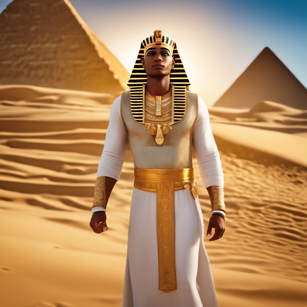 Nehemiah Pharaoh,ancient Egyptian king,large and majestic,superior golden crown,detailed and intricate carvings,emerald eyes,proud and imposing stance,elaborate ornamental collar,richly adorned robes,glimmering gold jewelry,standing in front of the Great Pyramid,surrounded by desert sand dunes,majestic sunset casting a warm golden glow,shining rays of light illuminating Nehemiah Pharaoh's figure,creating a sense of divinity and power,(best quality,4k,8k,highres,masterpiece:1.2),ultra-detailed,realistic,portrait,rich and vibrant colors,evoking the opulence and grandeur of ancient Egypt.