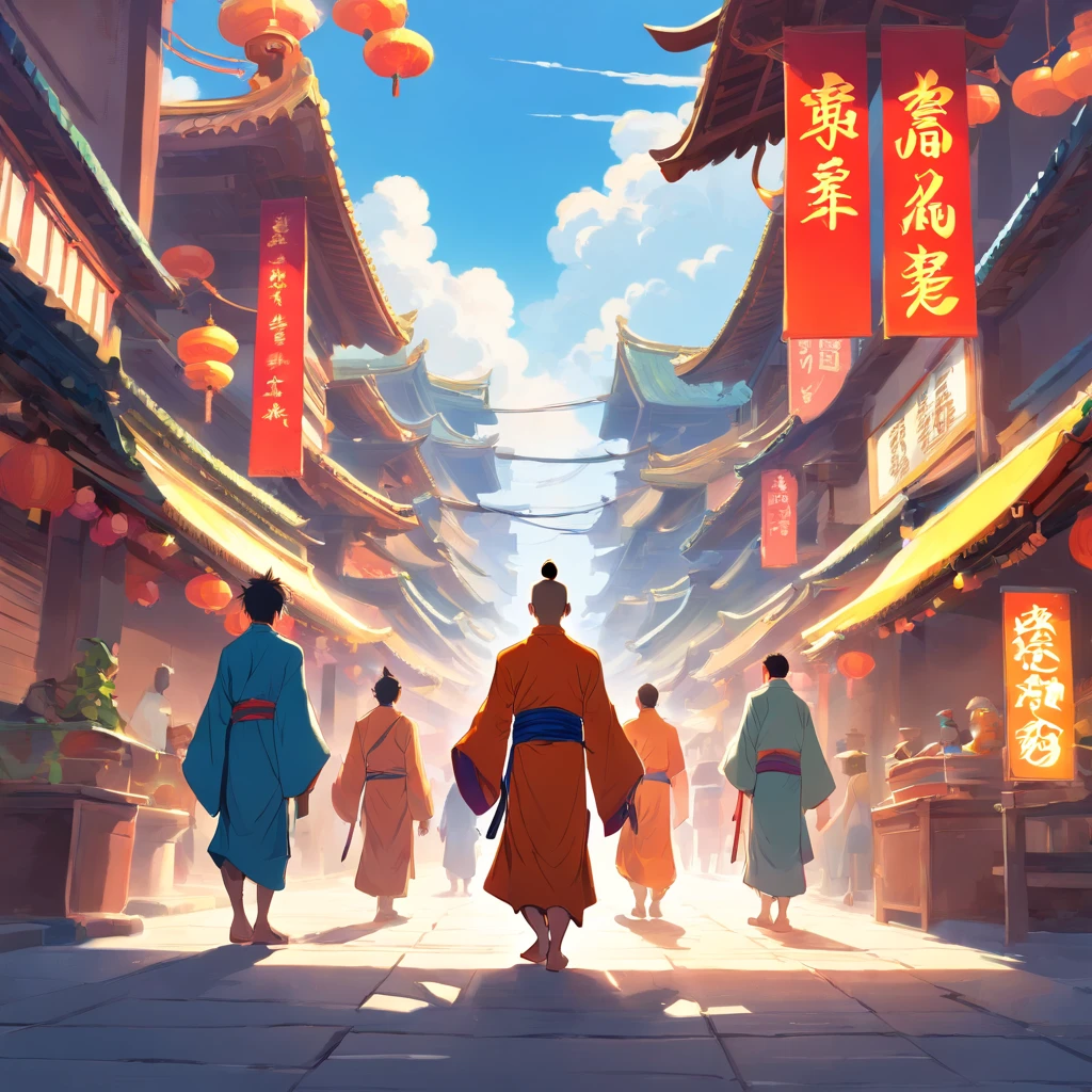 the Journey to the West, the tang monk, the Monkey King, the Sha Monk, Piggie, White Horse，Ancient Chinese megacities，4 peoples shop together