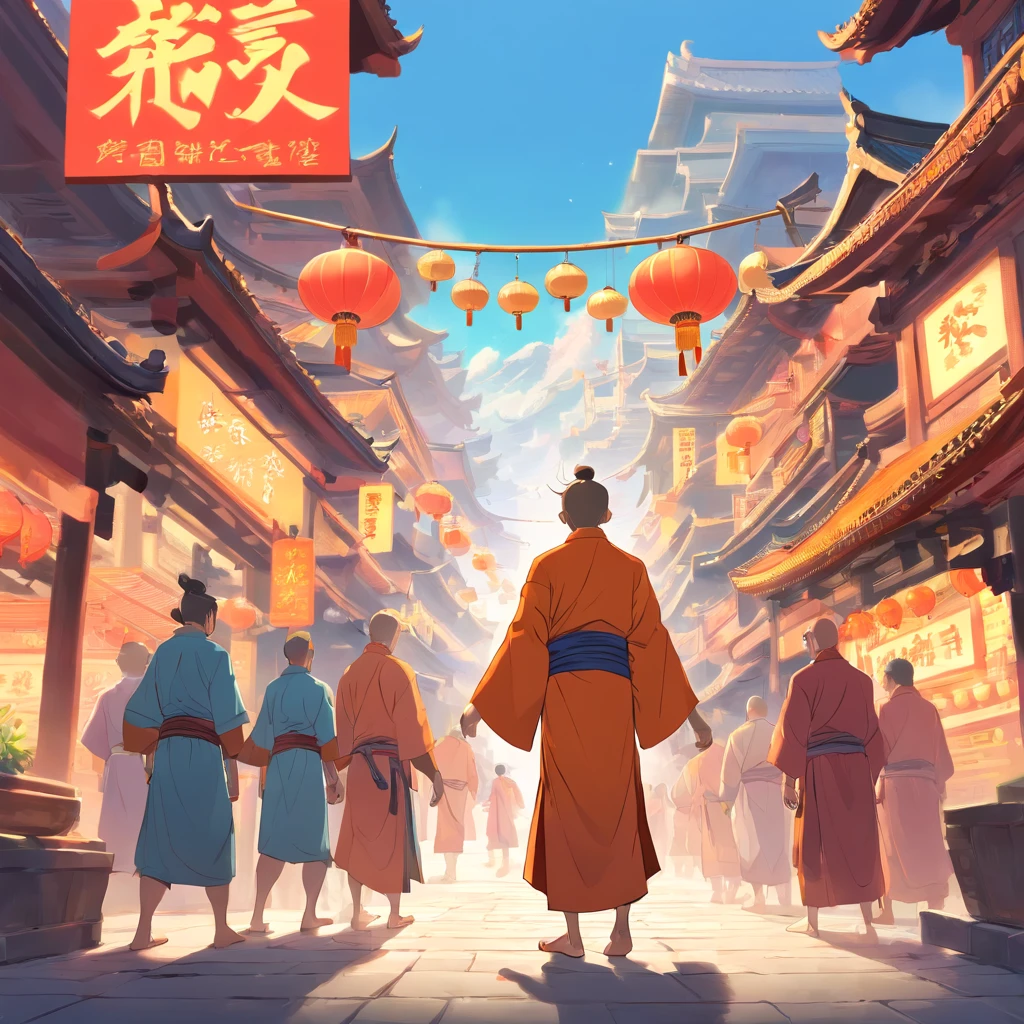 the Journey to the West, the tang monk, the Monkey King, the Sha Monk, Piggie, White Horse，Ancient Chinese megacities，4 peoples shop together