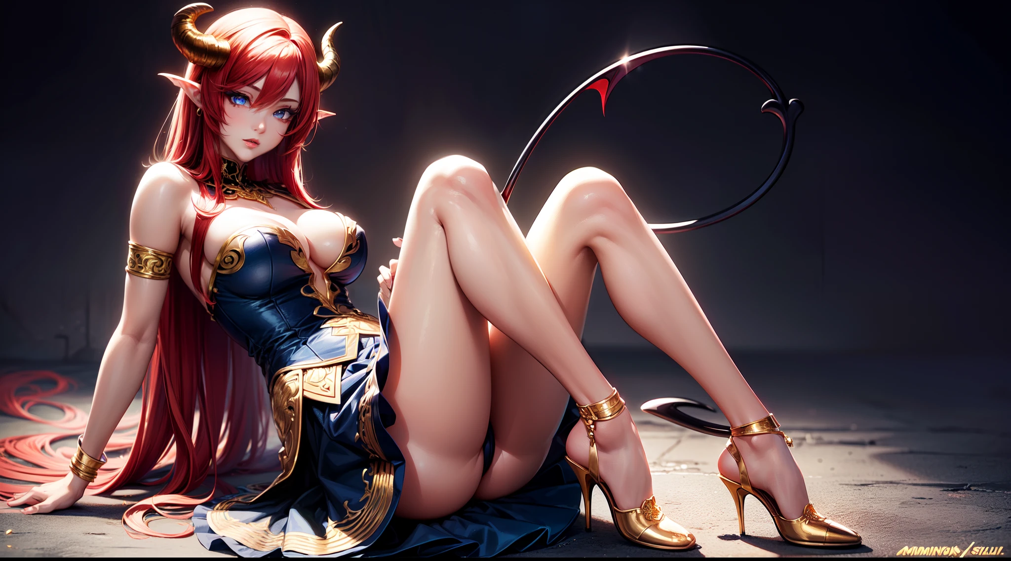 (Best quality),(ultra detailed),(anime style),(detailed body),(1 adult woman,beautiful detailed eyes,beautiful detailed lips),(red hair,blue eyes),(demon,succubus,horns,tail),(detailed dress with gold,detailed skirt with gold),(high heels),(vivid colors),(full body),(best detailed body),(best detailed eyes),(medium breasts)