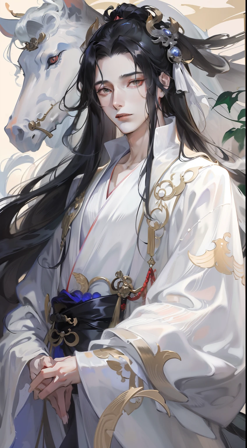 Anime characters with black hair and white horses, flowing hair and long robes, heise jinyao, beautiful male god of death, handsome guy in demon killer art, onmyoji portrait, Inspired by Seki Dosheng, by Yang J, zhao yun, Beautiful androgynous prince, Inspired by Bian Shoumin, Flowing white robe