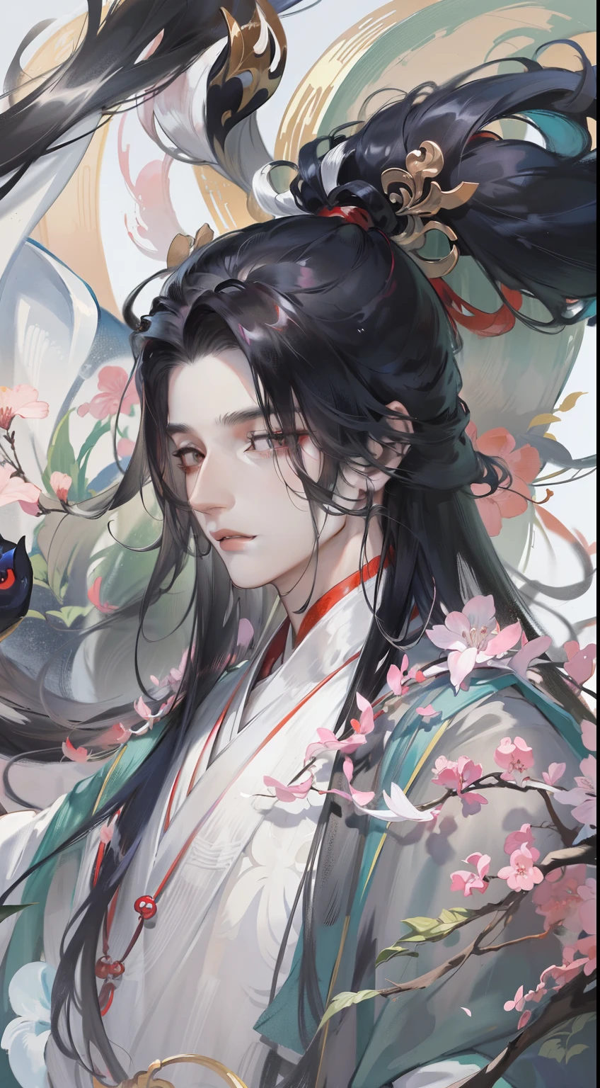 Anime characters with black hair and white horses, flowing hair and long robes, heise jinyao, beautiful male god of death, handsome guy in demon killer art, onmyoji portrait, Inspired by Seki Dosheng, by Yang J, zhao yun, Beautiful androgynous prince, Inspired by Bian Shoumin, Flowing white robe