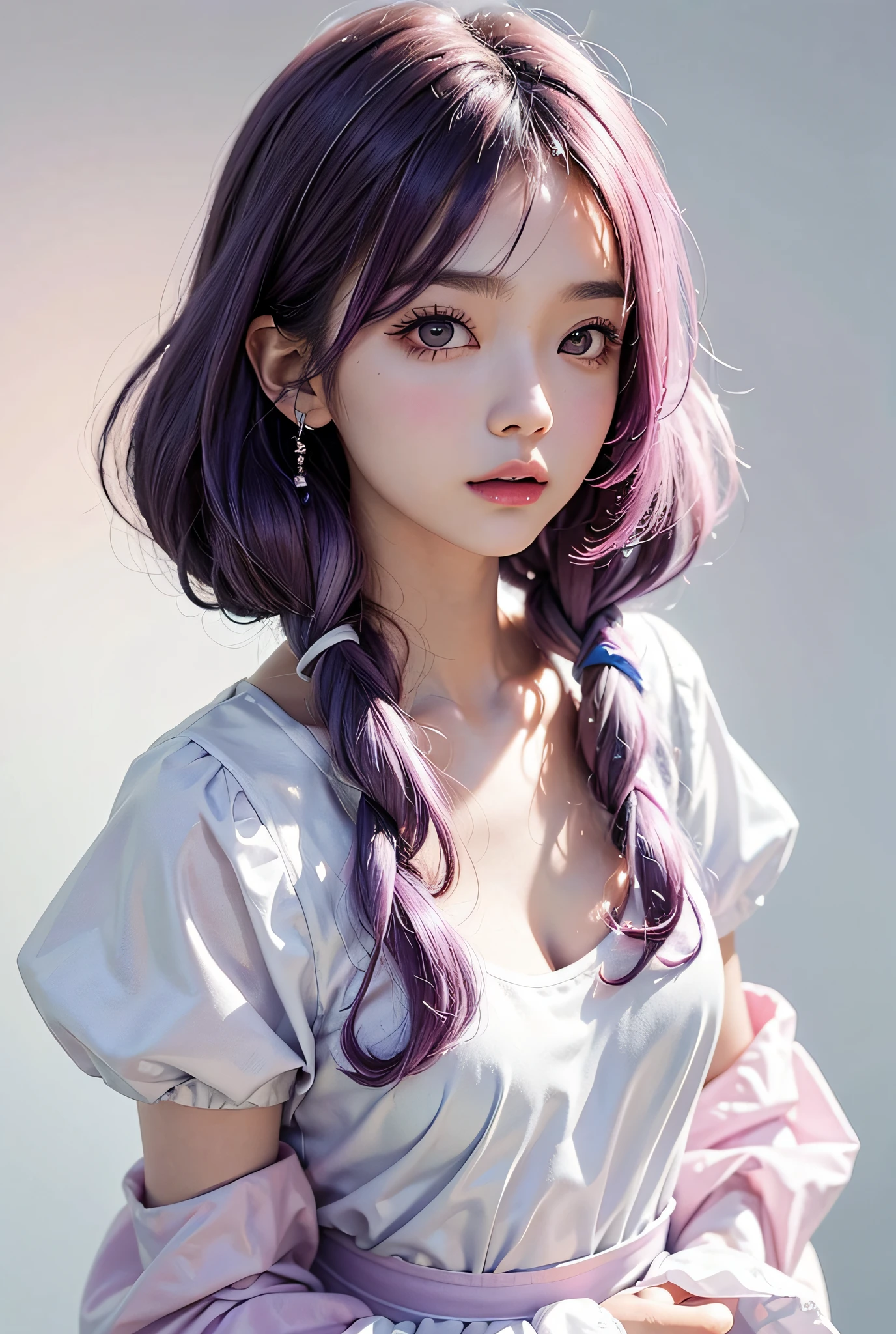 Pink and light blue color scheme and background,Sexy girl body,tiny body、Braids、portrait