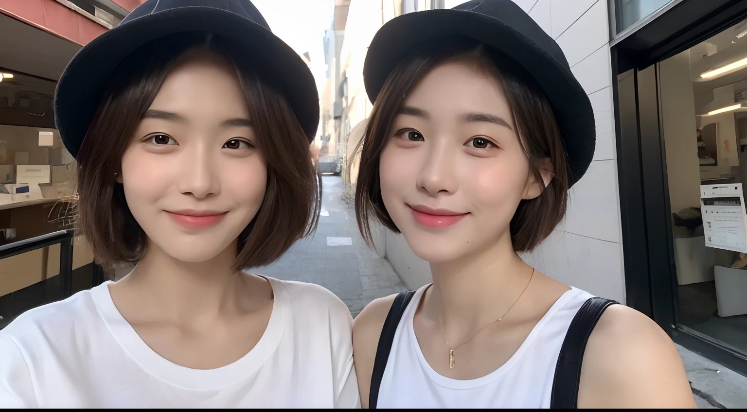((Best Quality, 8K, masutepiece: 1.3)), (Newsboy Hat: 1.3), Focus: 1.2, Perfect Body Beauty: 1.4, Buttocks: 1.2, (short-hair: 1.2)), (Dark Street: 1.3), Highly detailed face and skin texture, Full body, Fine eyes, Double eyelids, Whitened skin, Long hair, (Round face: 1.5), (Loose crop top, Shorts: 1.6)、Smile with closed mouth