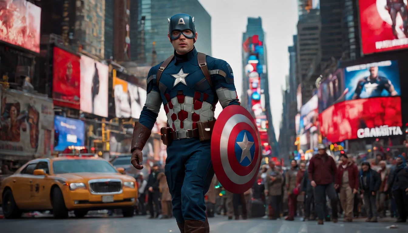 /imagine prompt: In the heart of a bustling cyberpunk metropolis, Captain America Steve Rogers stands resolute at the center of Times Square. Neon lights reflect off his polished shield as he walks, exuding an air of timeless heroism. The cityscape behind him stretches into the horizon, filled with holographic billboards and flying cars. The atmosphere crackles with energy, and the high detail captures every gleam of light, every futuristic detail. Photography, 50mm prime lens,