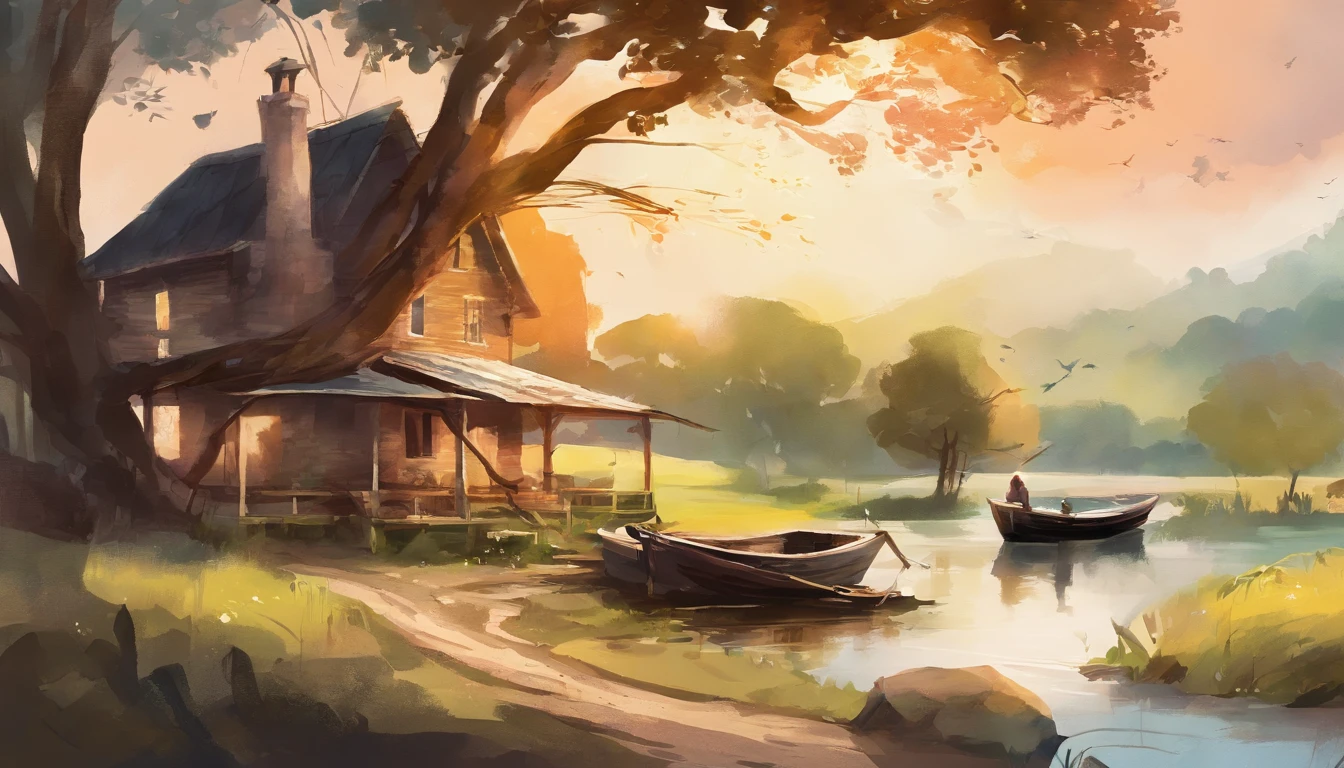 A farm house under the big tree beside the stream, Sunset, two boats in water,, dramatic soft light, watercolor painting, classic style, rich colors, brushstrokes, harmony color textures, expressive portraits, dynamic composition, capturing light and shadow, artistry, timeless beauty.