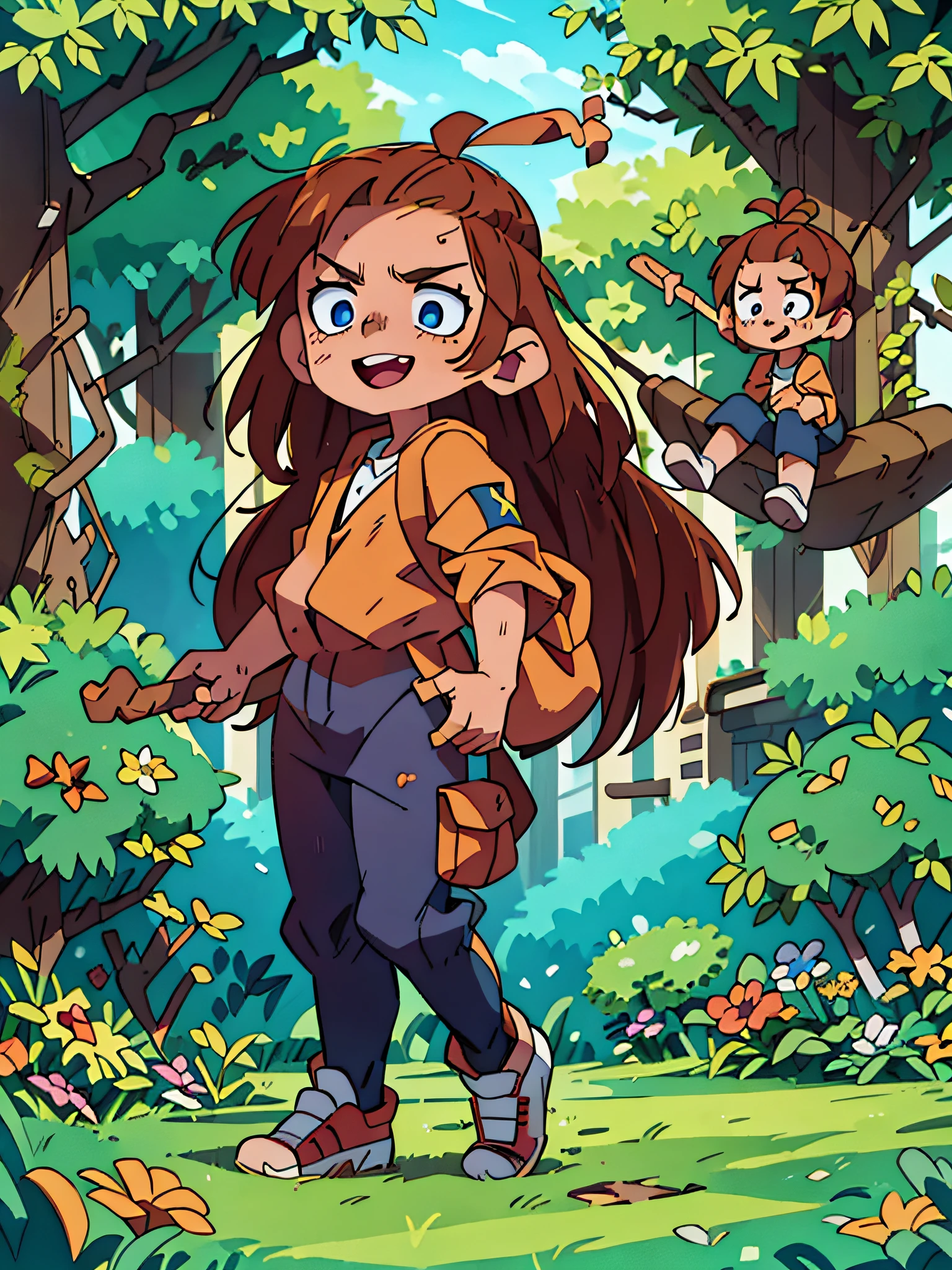 three kids, one boy, one girl and on boy observing them from a far, playing on a beautiful playground with monkey bars, and slides, happy, midday , surrounded by flowers, forest. red cross, high quality faces , high res, ultrasharp, 8k, masterpiece